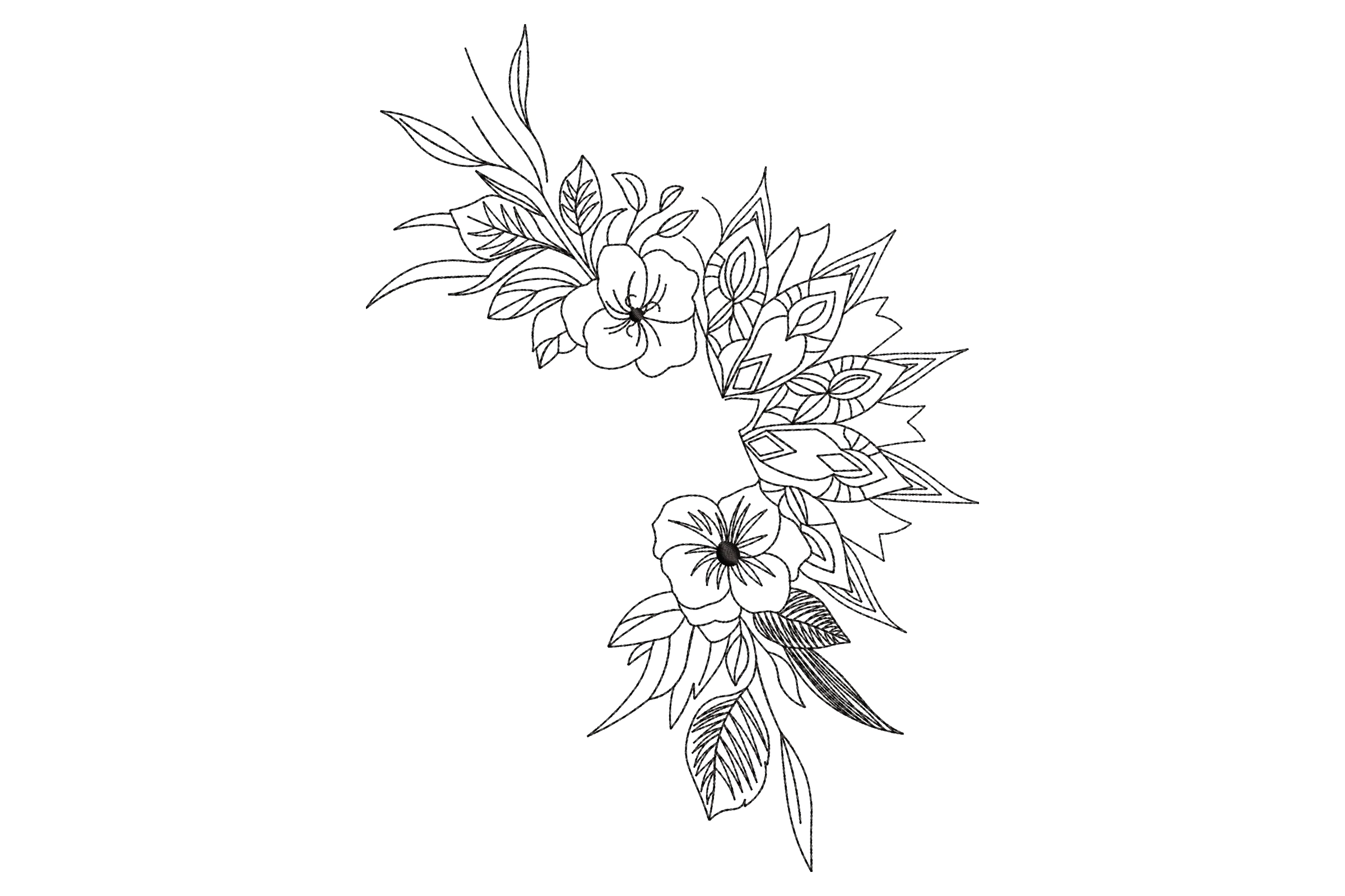 Floral Line Art Corner Embroidery Design