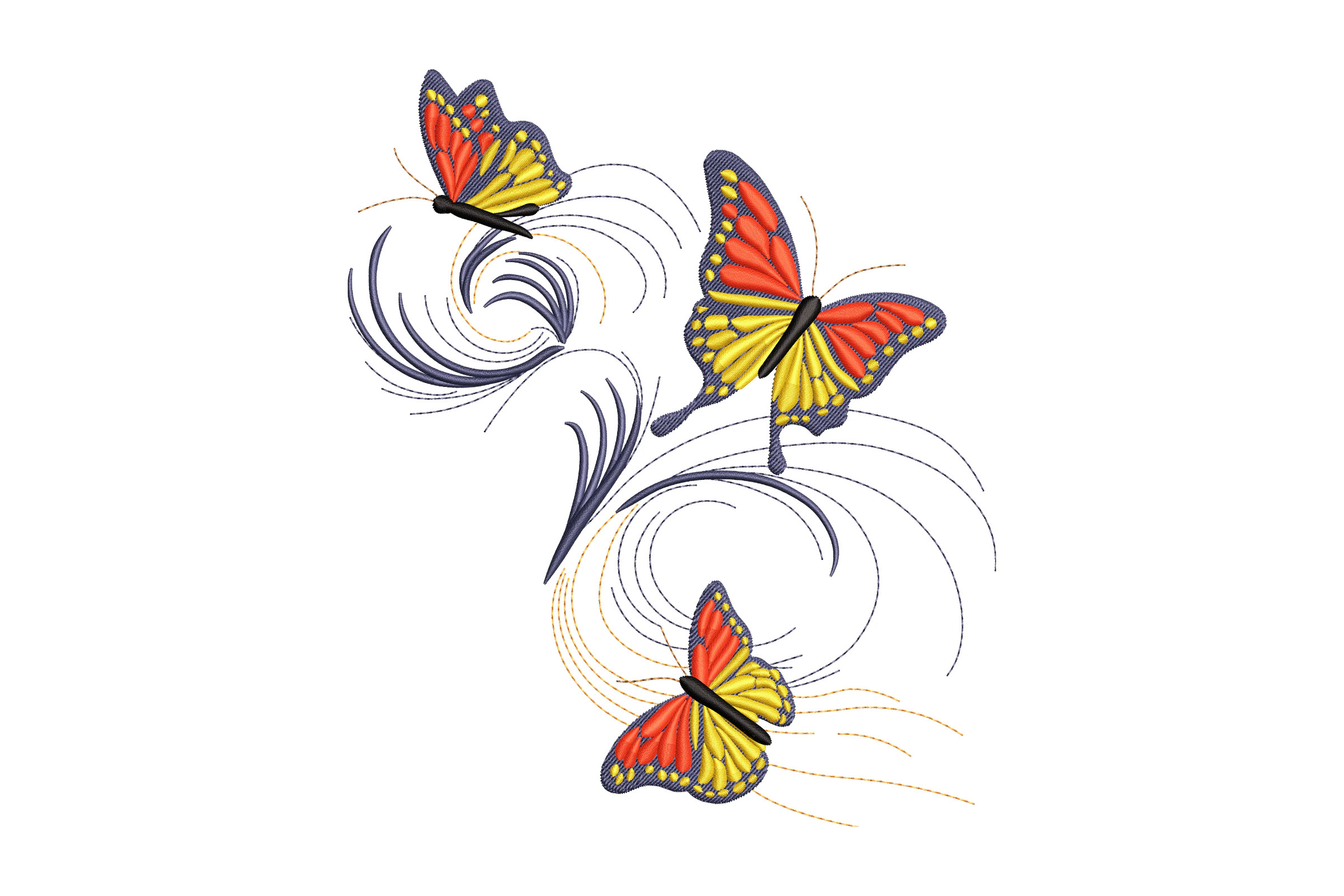 Vibrant Butterflies With Flowing Swirls Embroidery Design