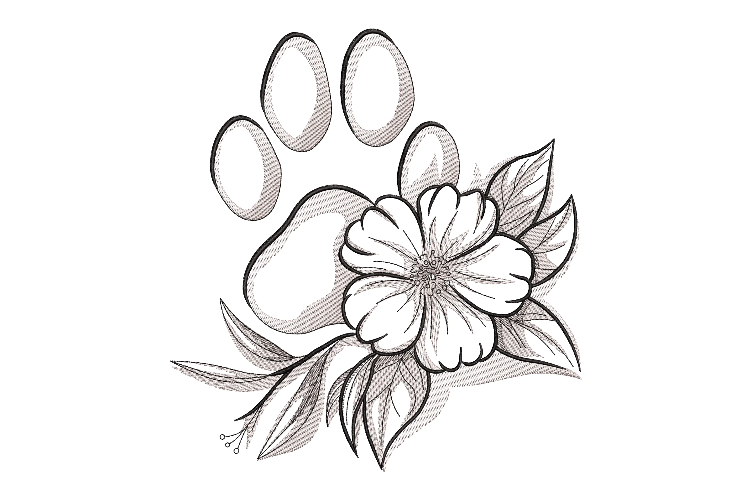 Paw Print with Flower Embroidery Design