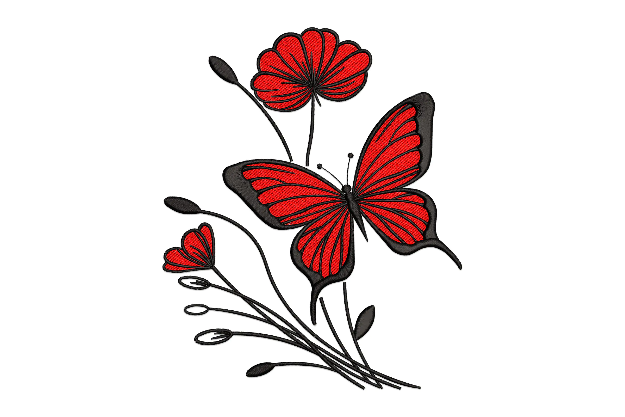 Flower and Red Butterfly Embroidery Design