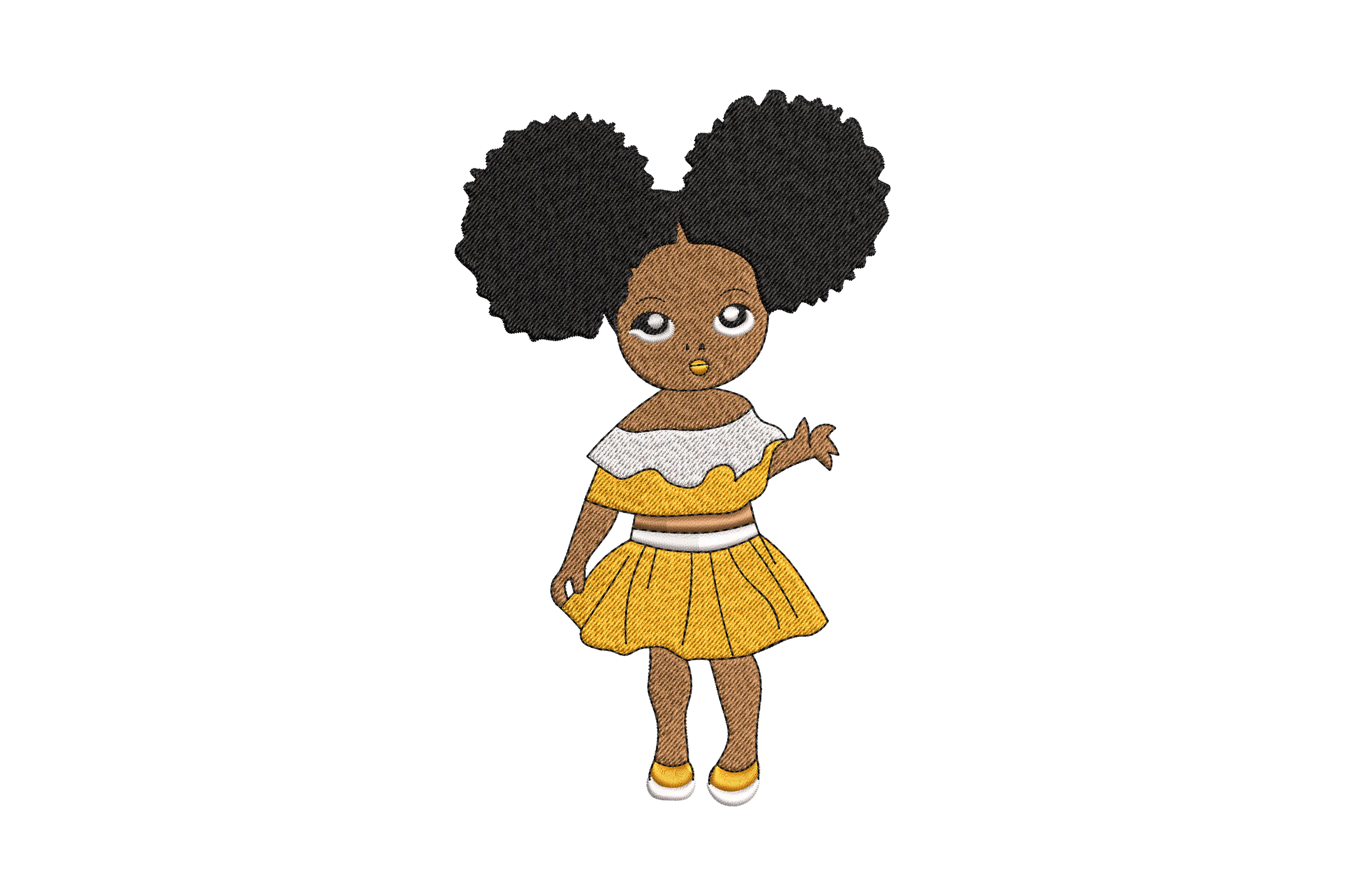 Baby Girl with Yellow Dress and Puffs Embroidery Design