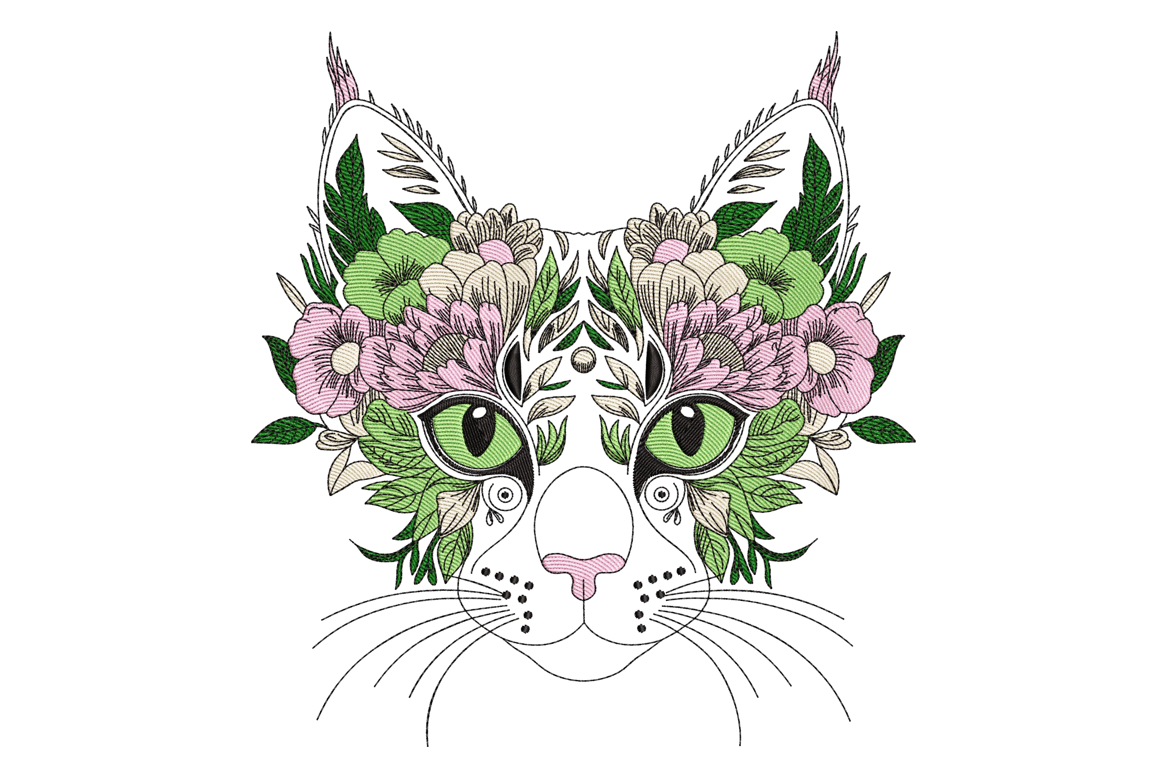 Floral Cat Face Embroidery Design File