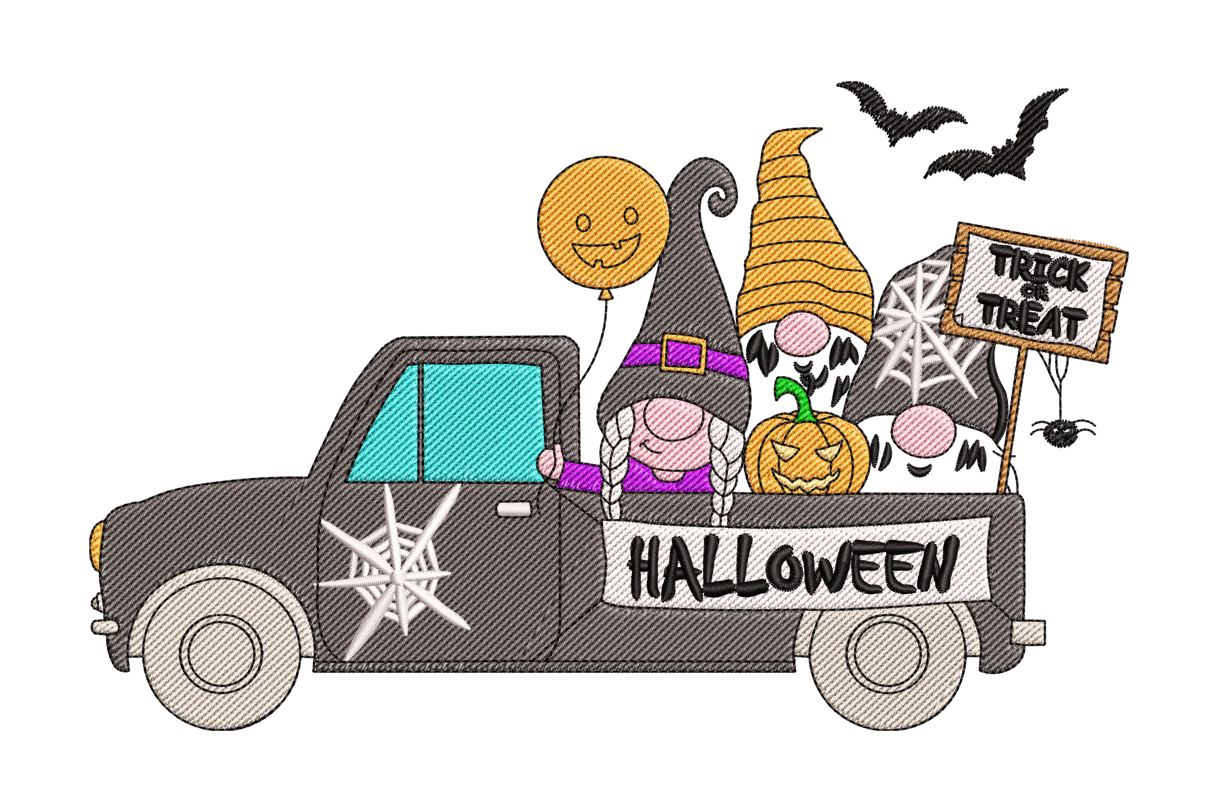 Halloween Gnomes in Truck Embroidery Design