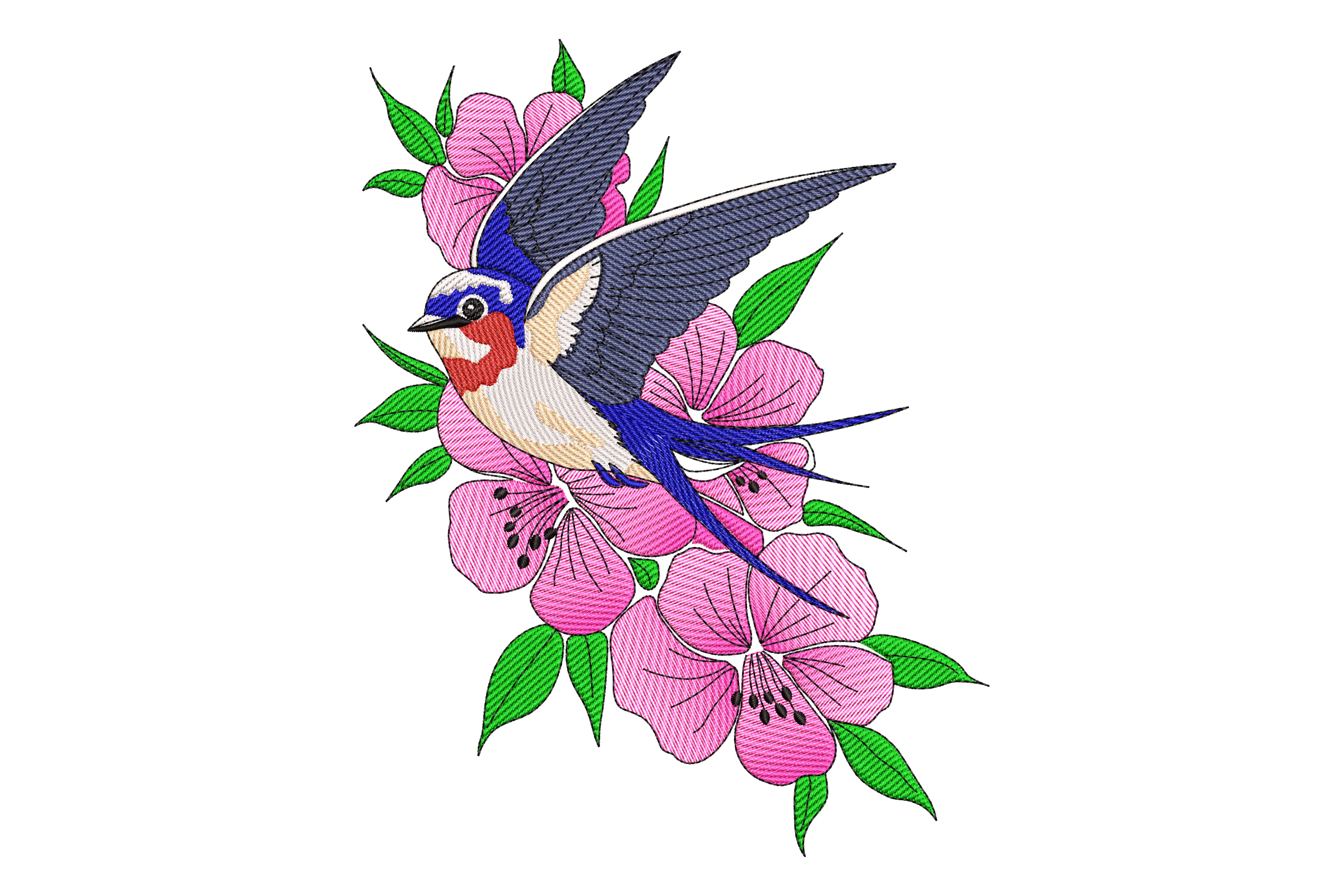 Swallow Bird with Flowers Embroidery Design