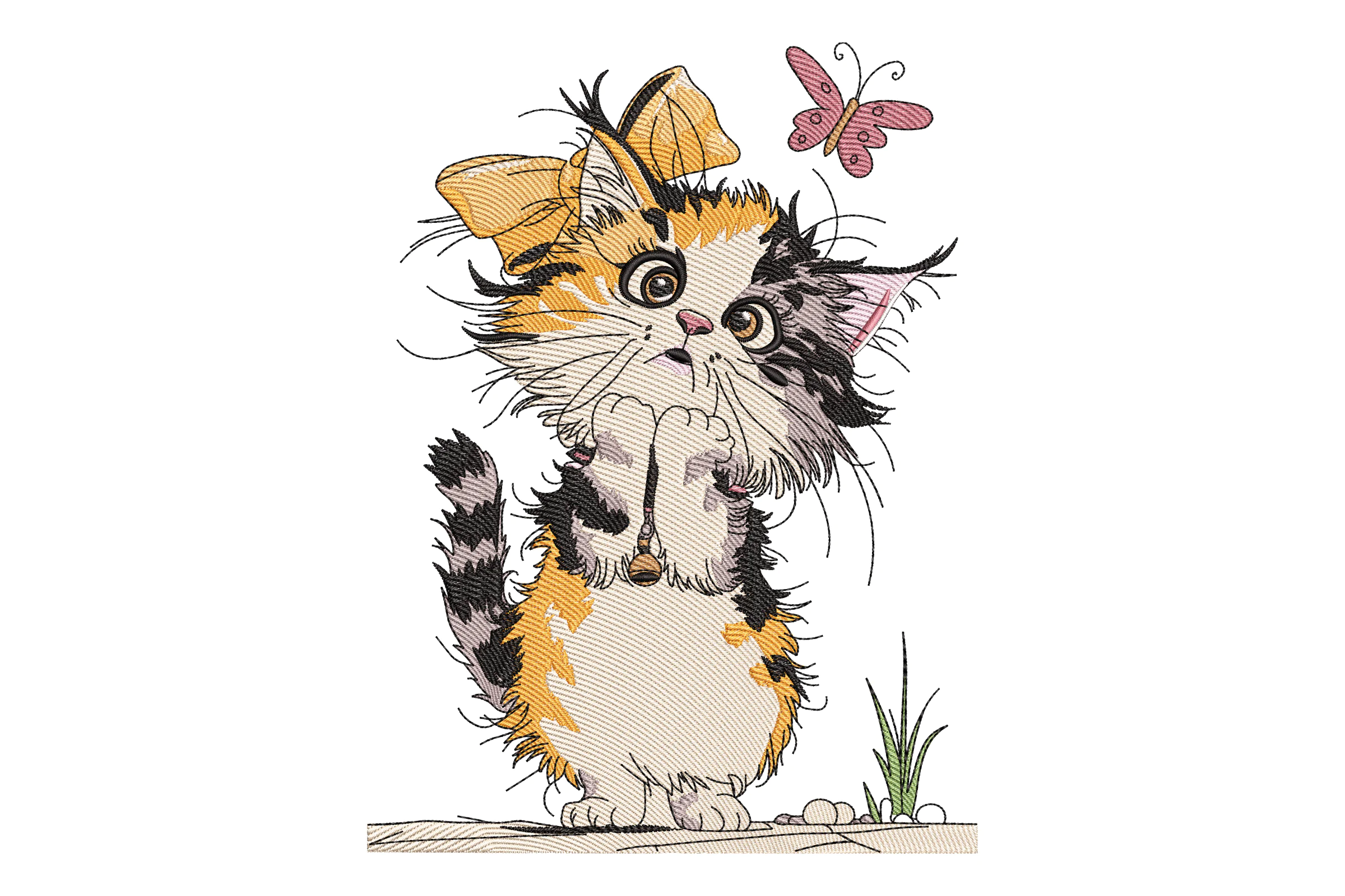 Kitten with Bow and Butterfly Embroidery Design