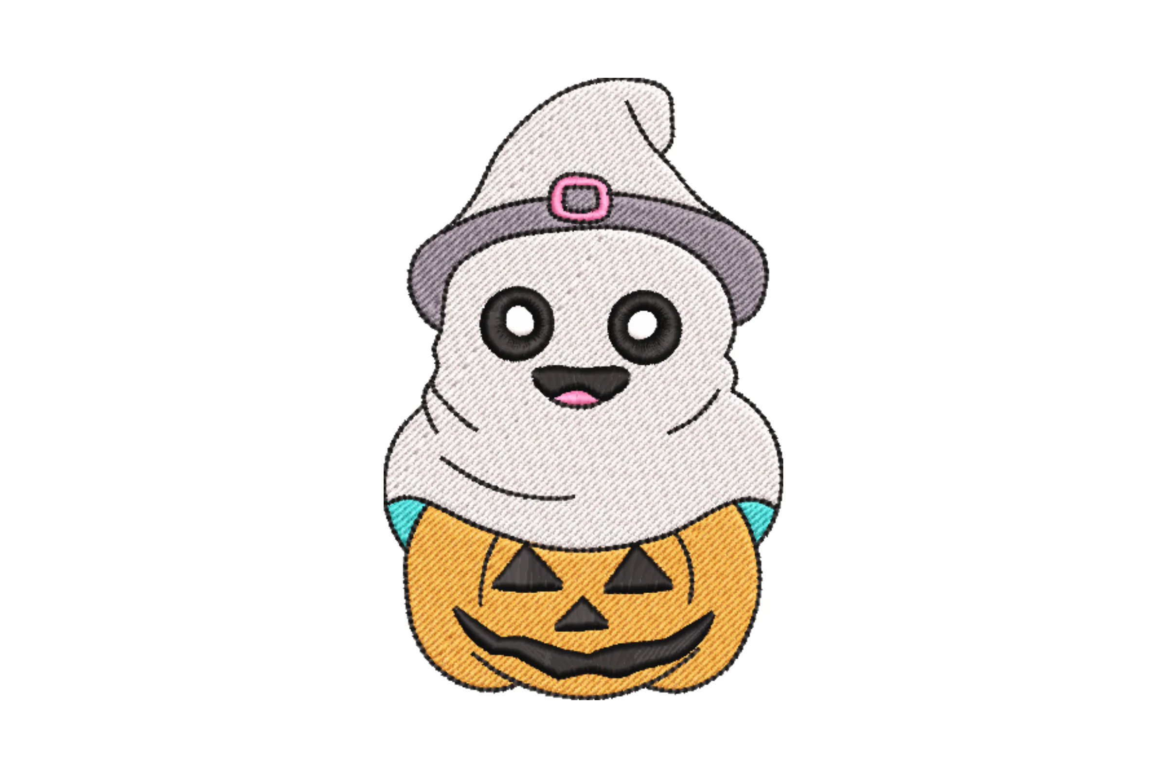 Ghost with Witch Hat and Pumpkin Embroidery Design