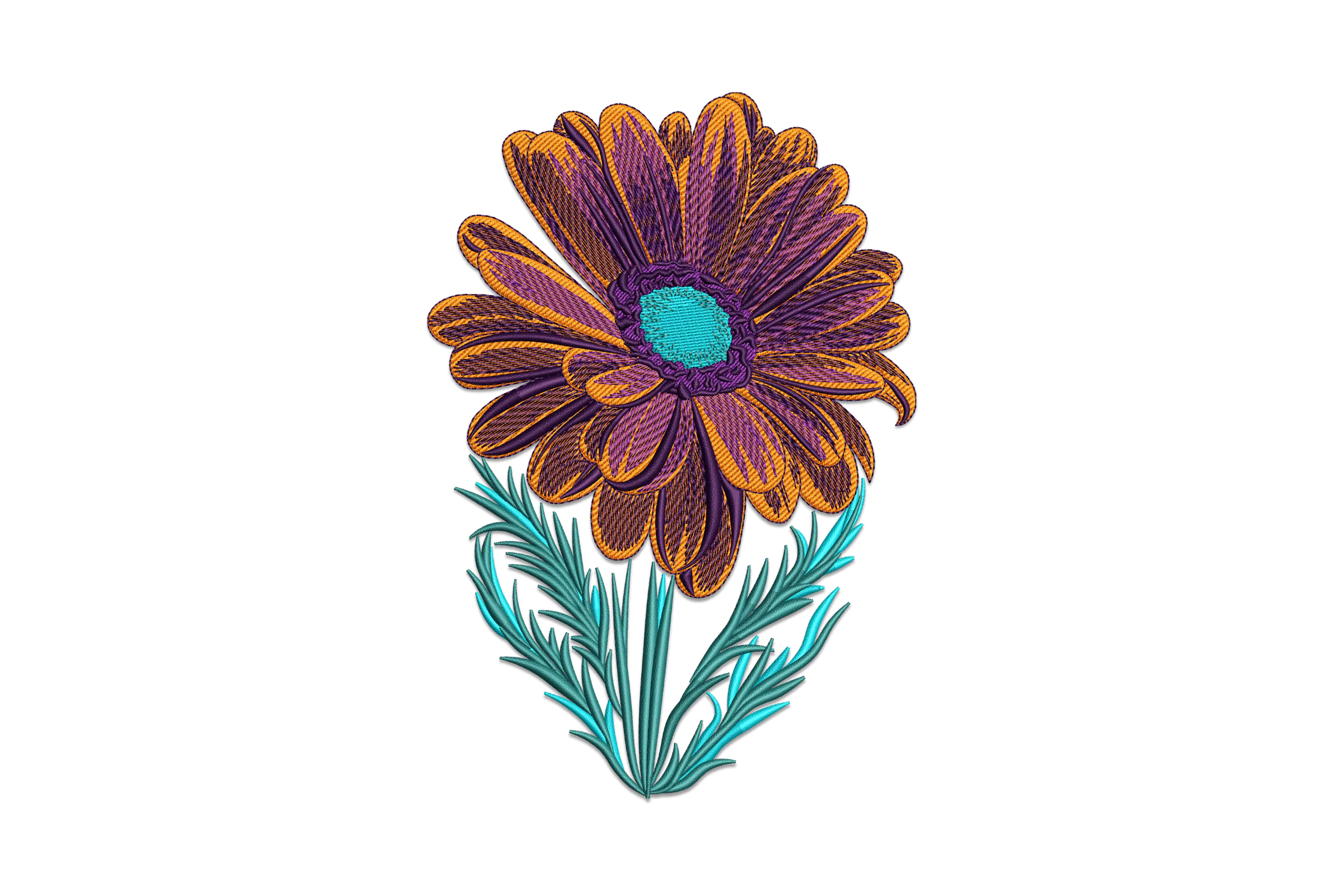 Purple Flower with Teal Green Leaves Embroidery Design