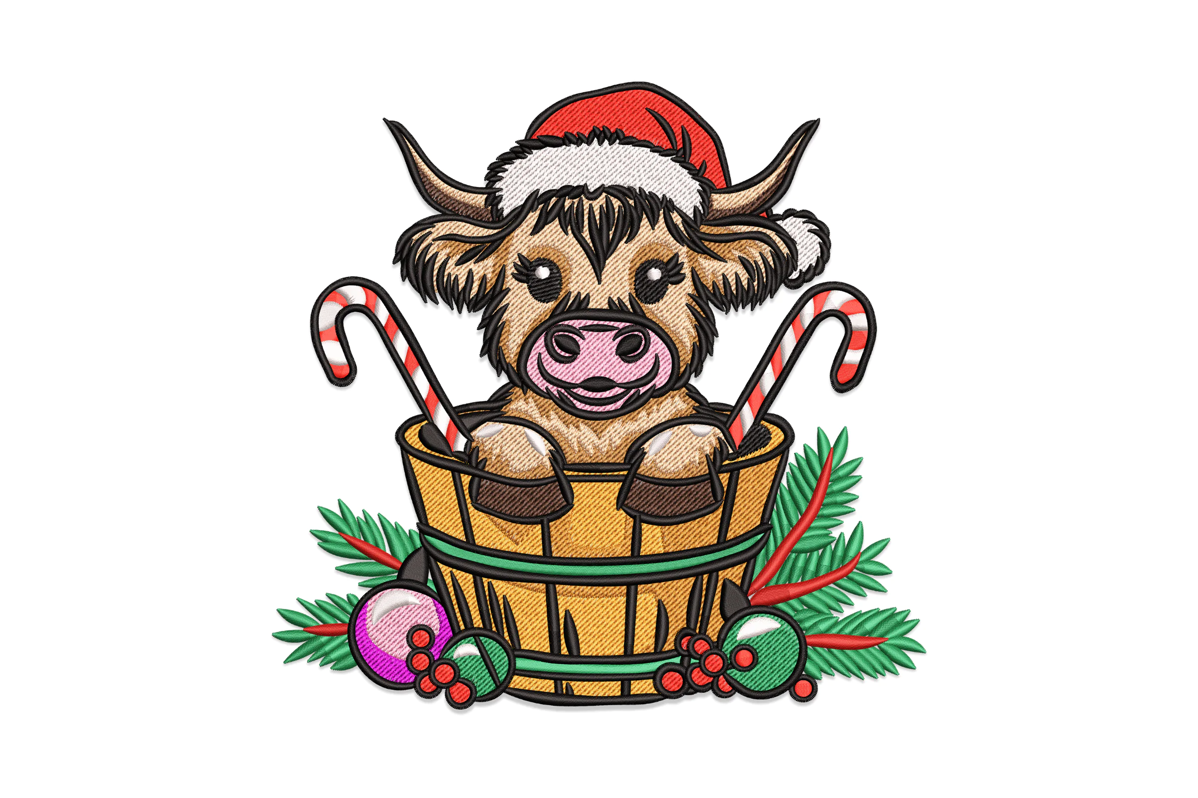 Highland Cow Christmas Embroidery Design