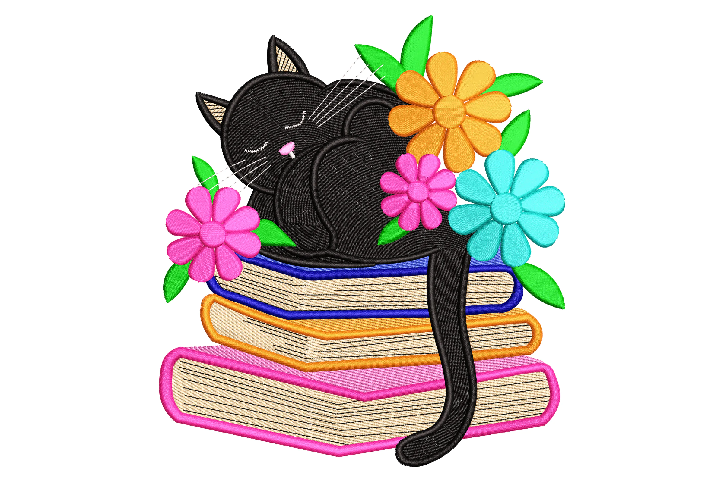 Sleeping Cat on Books Embroidery Design File