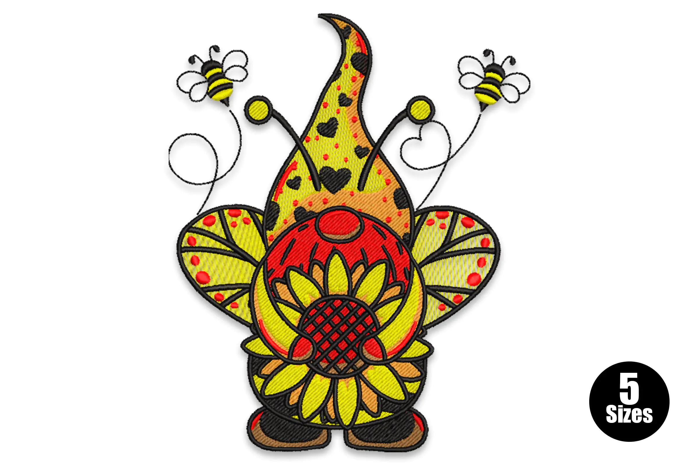 Sunflower Gnome and Bees Embroidery Design