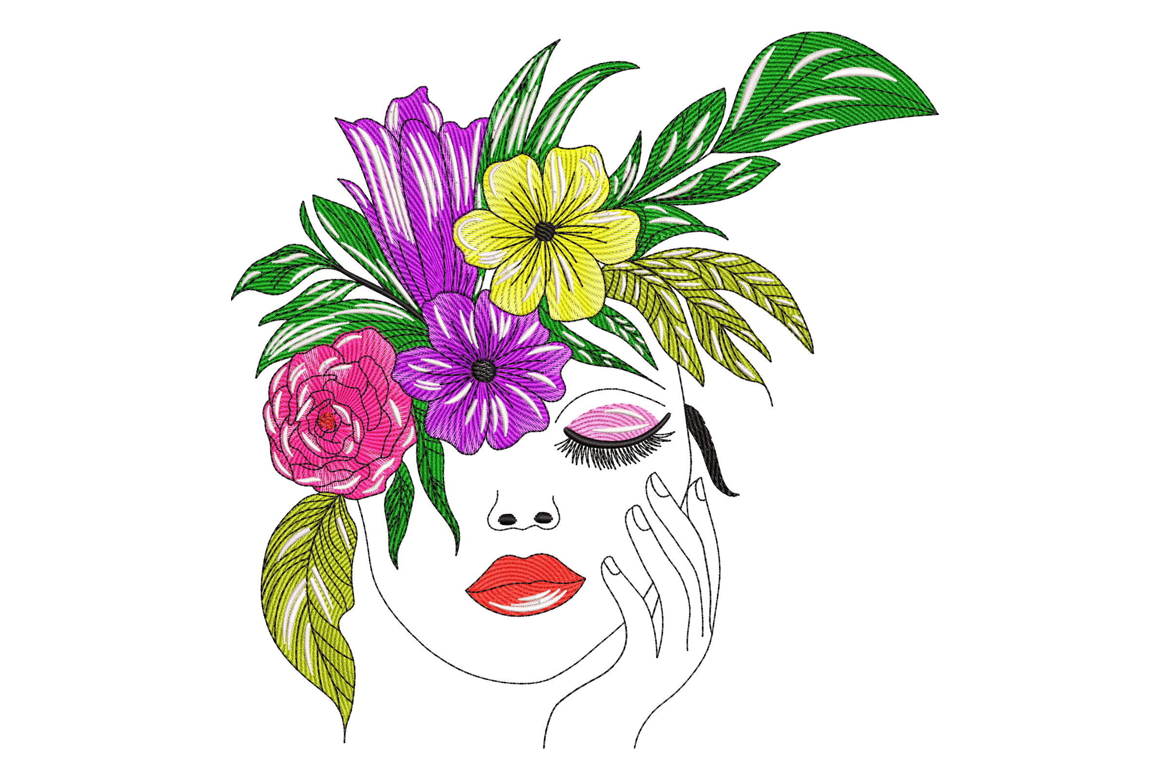 Women Face with Flowers Embroidery Design