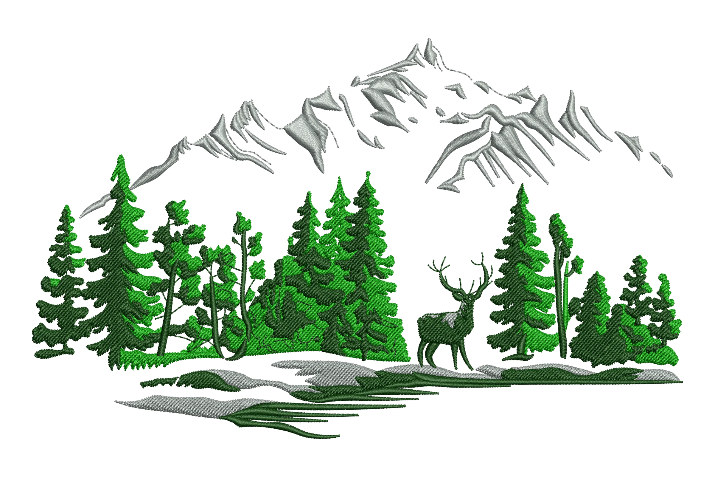 Mountain Landscape With Deer Embroidery Design