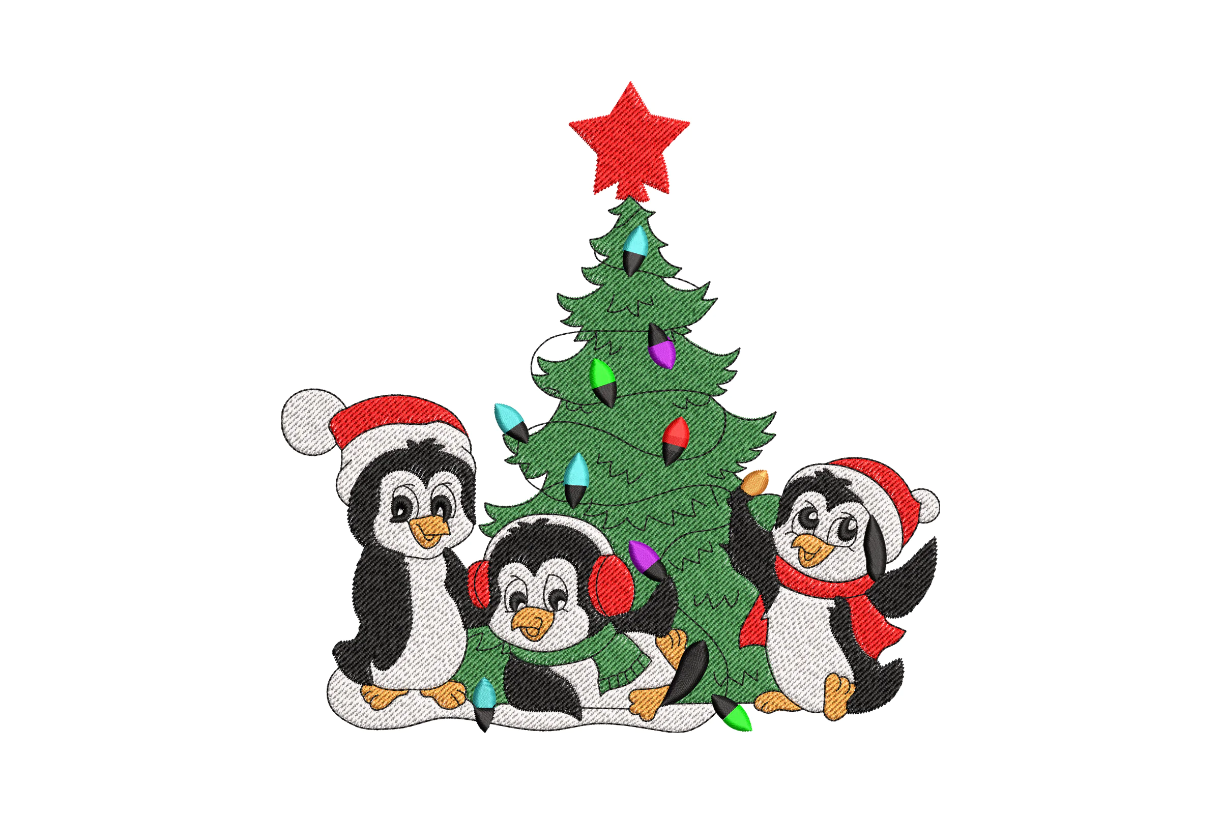 Penguins with Christmas Tree Embroidery Design