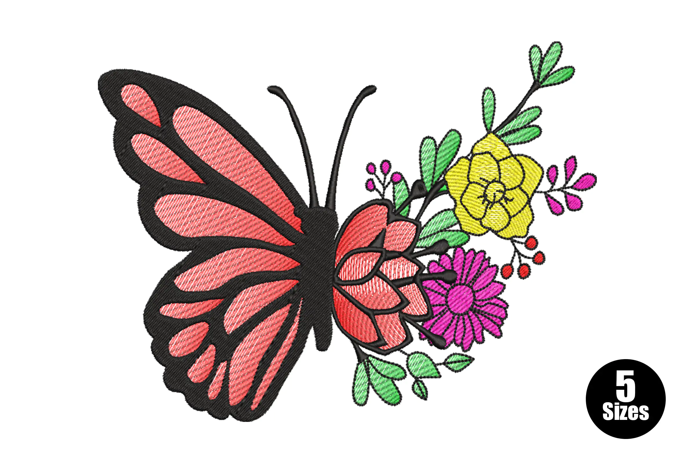 Butterfly with Flowers Embroidery Design