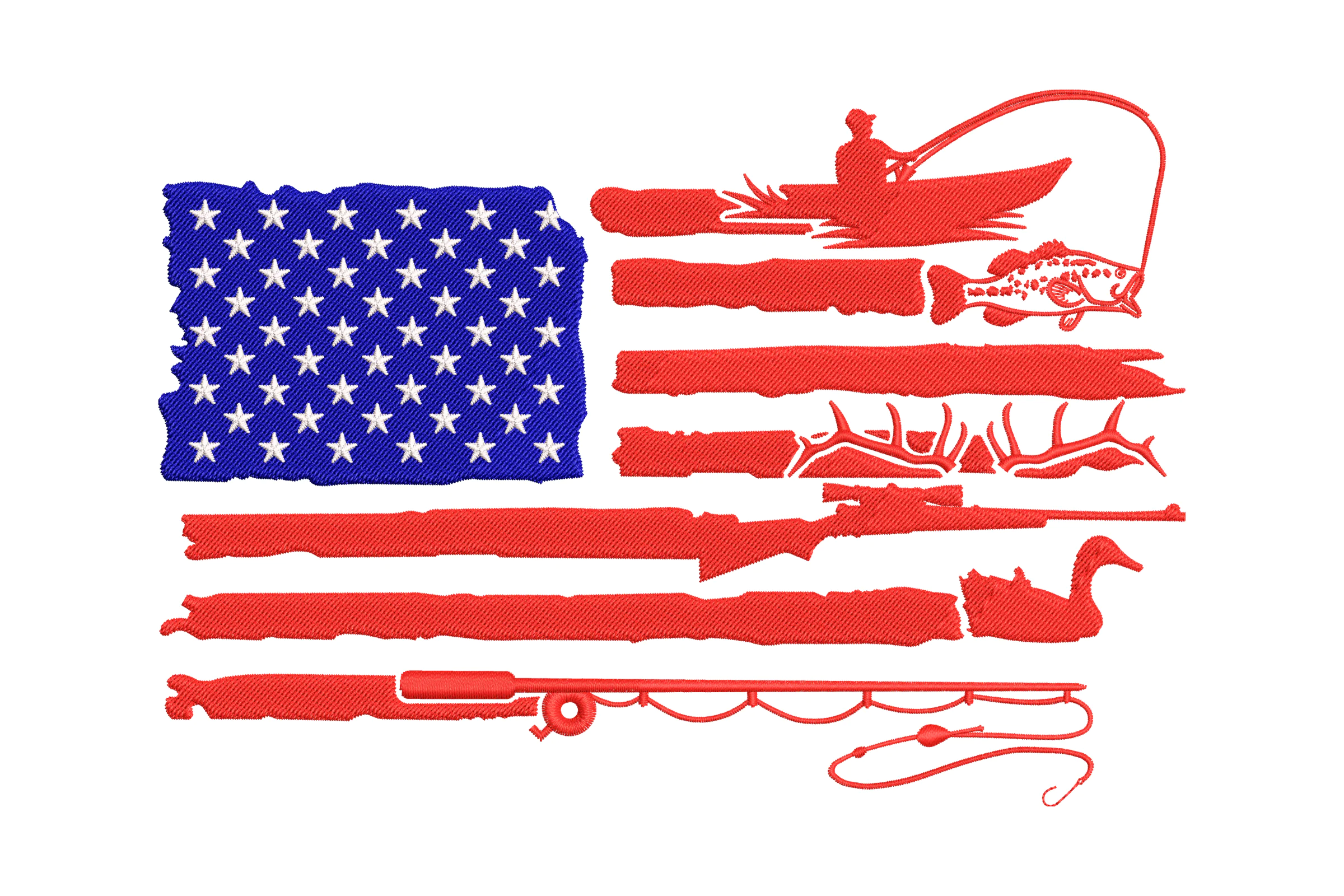 American Fishing and Hunting Flag Embroidery Design