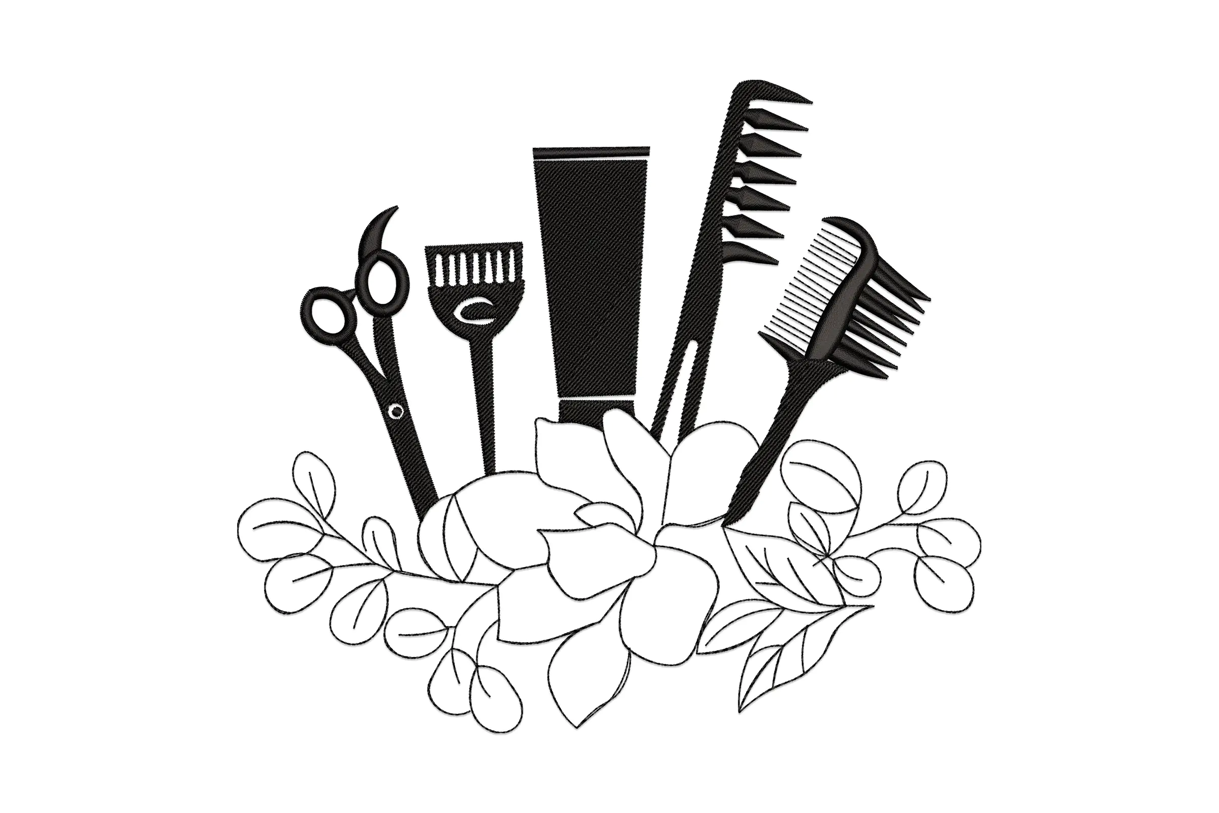 Floral Hairdresser Tools Embroidery Design
