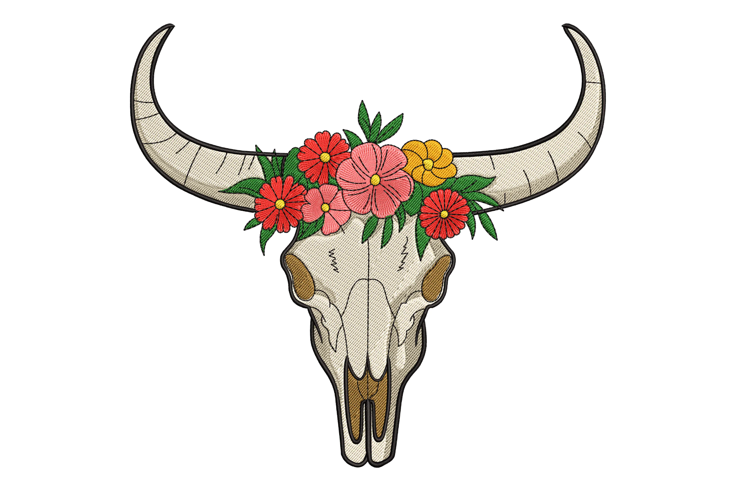 Bull Skull with Flowers Embroidery Design