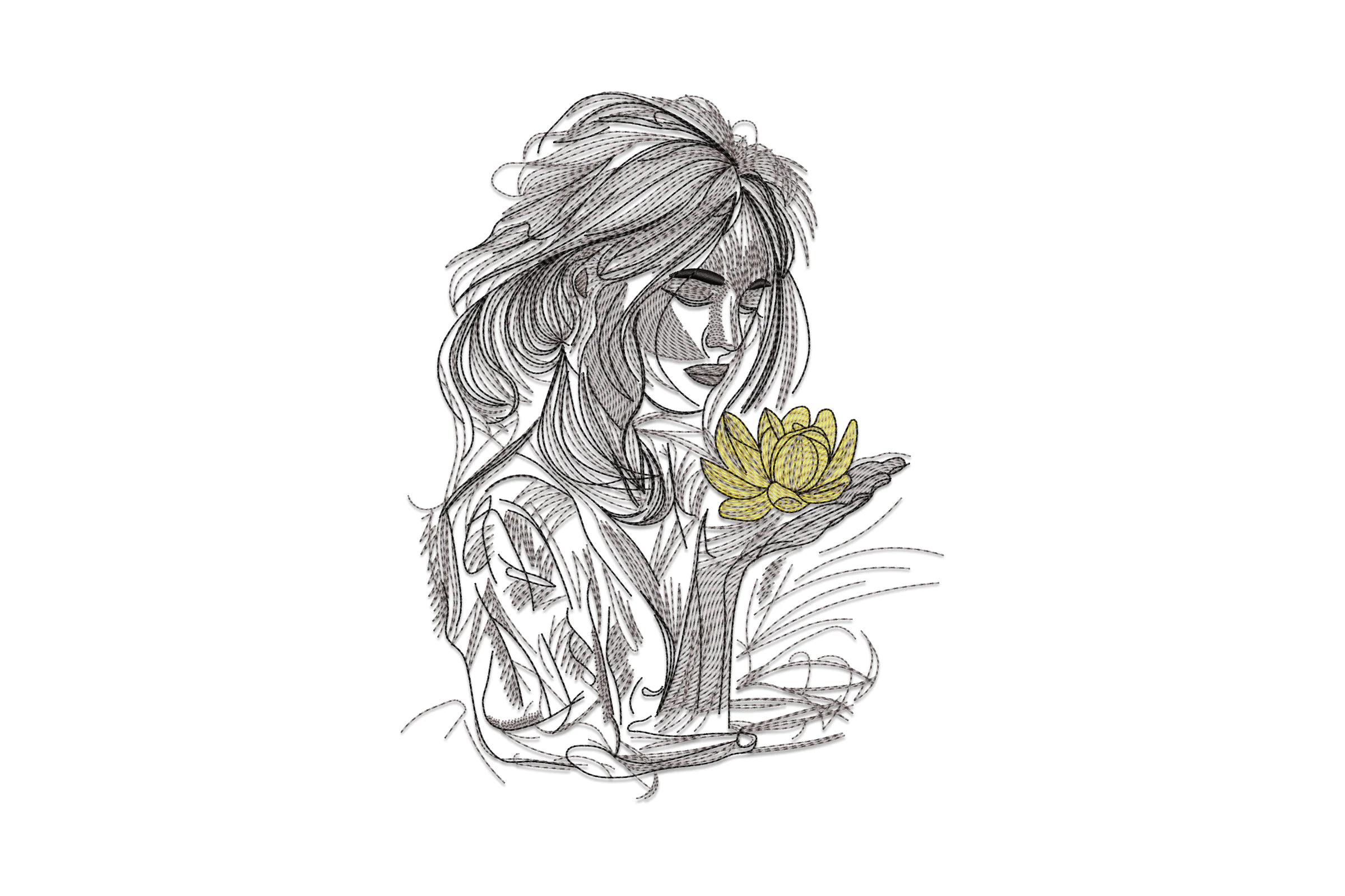 Woman Holding Lotus Flower Embroidery Design