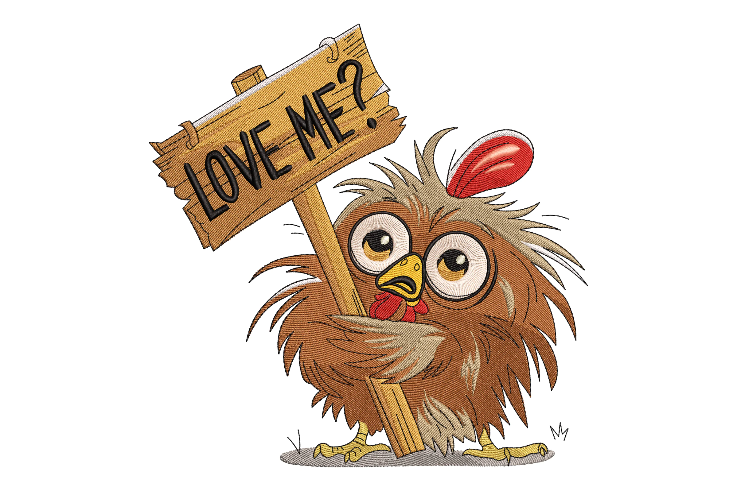 Chicken with "Love Me?" Sign Embroidery Design