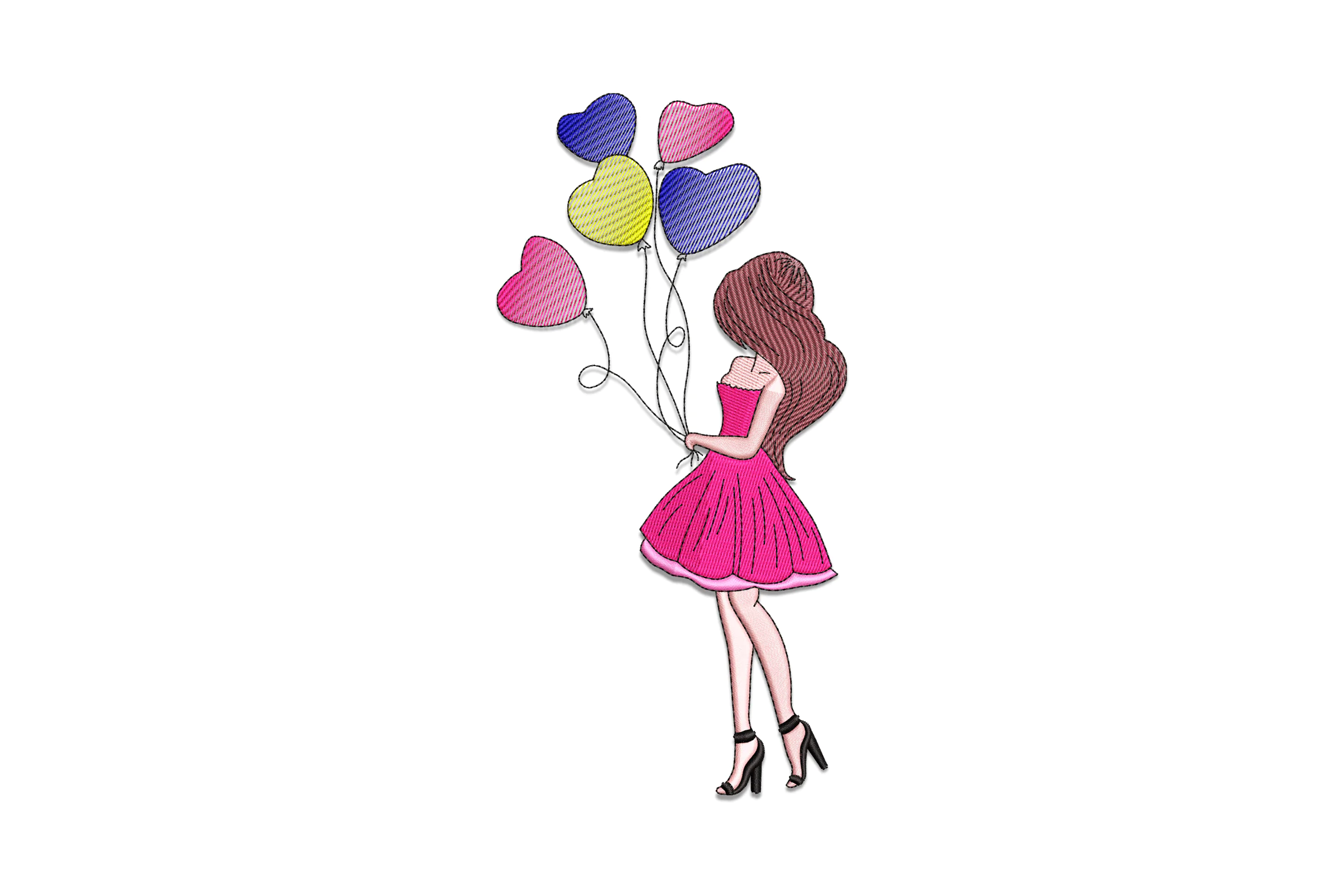 Girl Holding Heart Balloons Embroidery Design