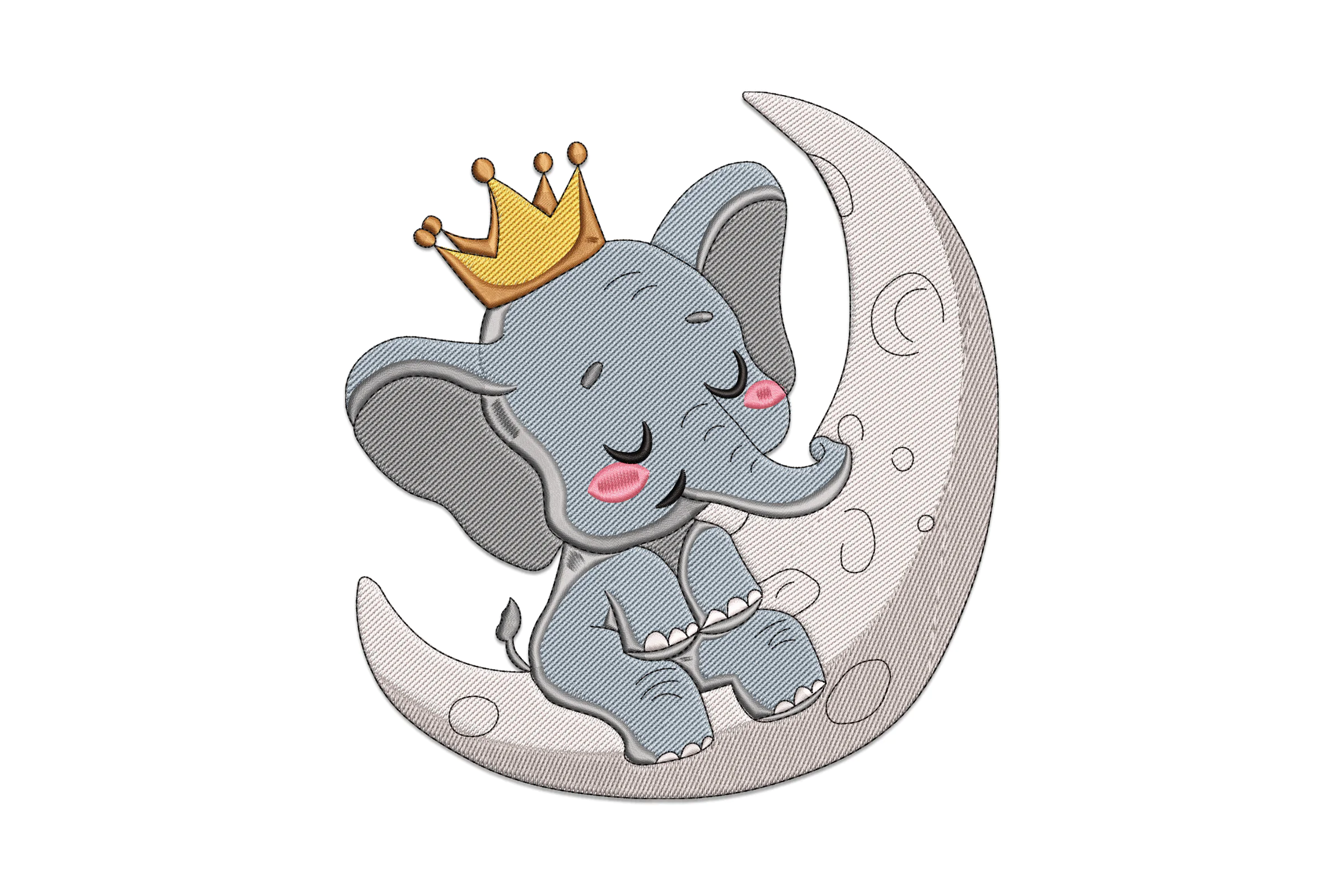 Cute Elephant on Moon with Crown Embroidery Design