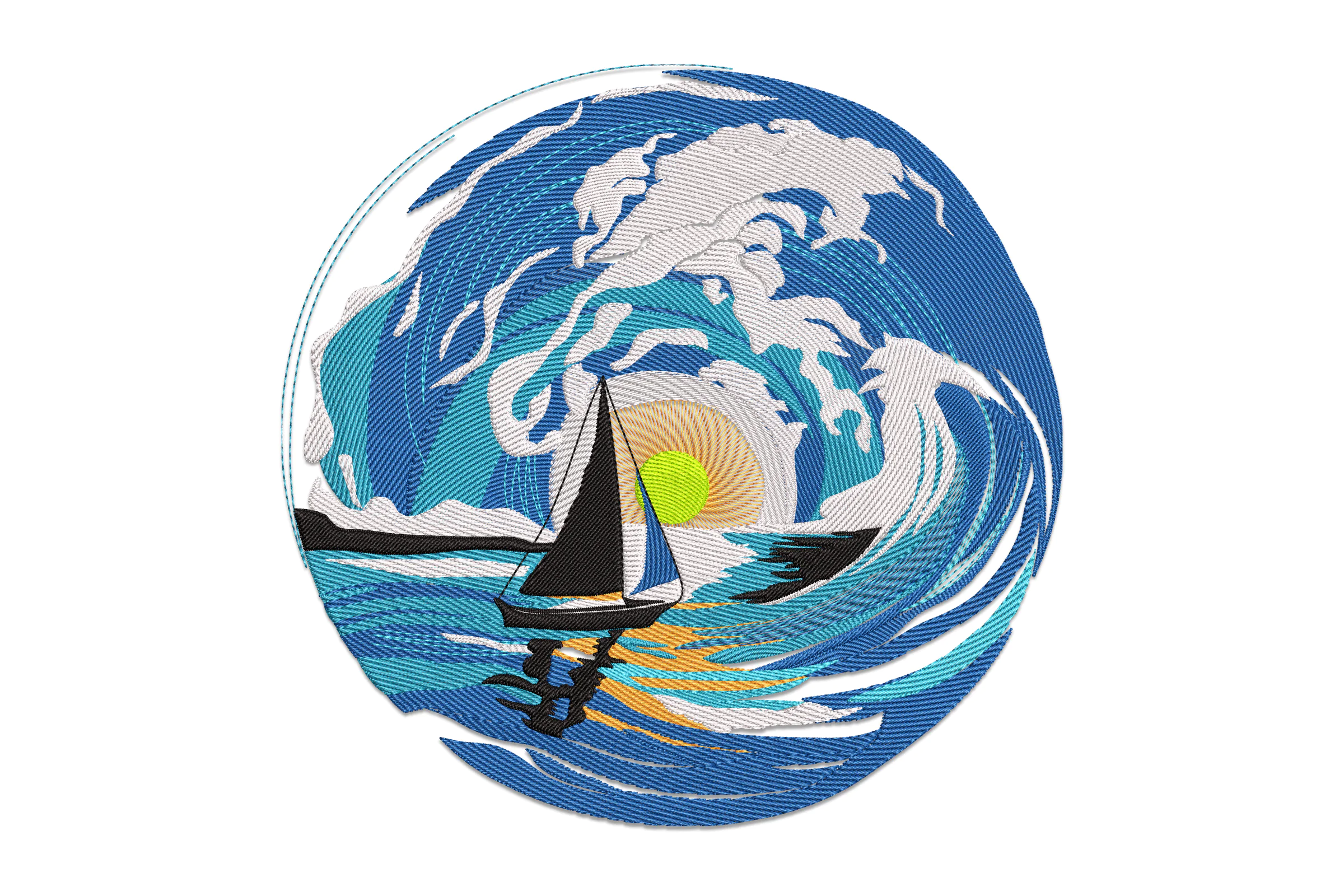 Boat On Ocean Waves With Sunset Embroidery Design