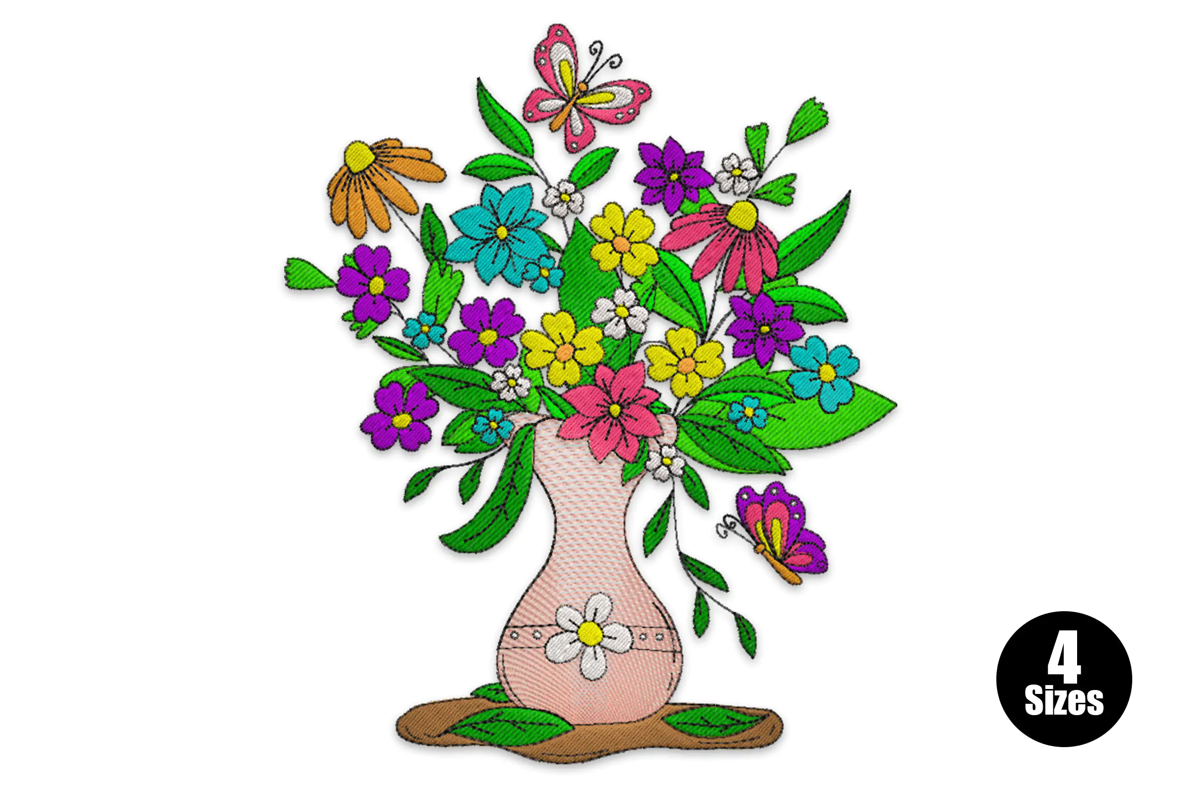 Flowers in a Vase and Butterflies Embroidery Design