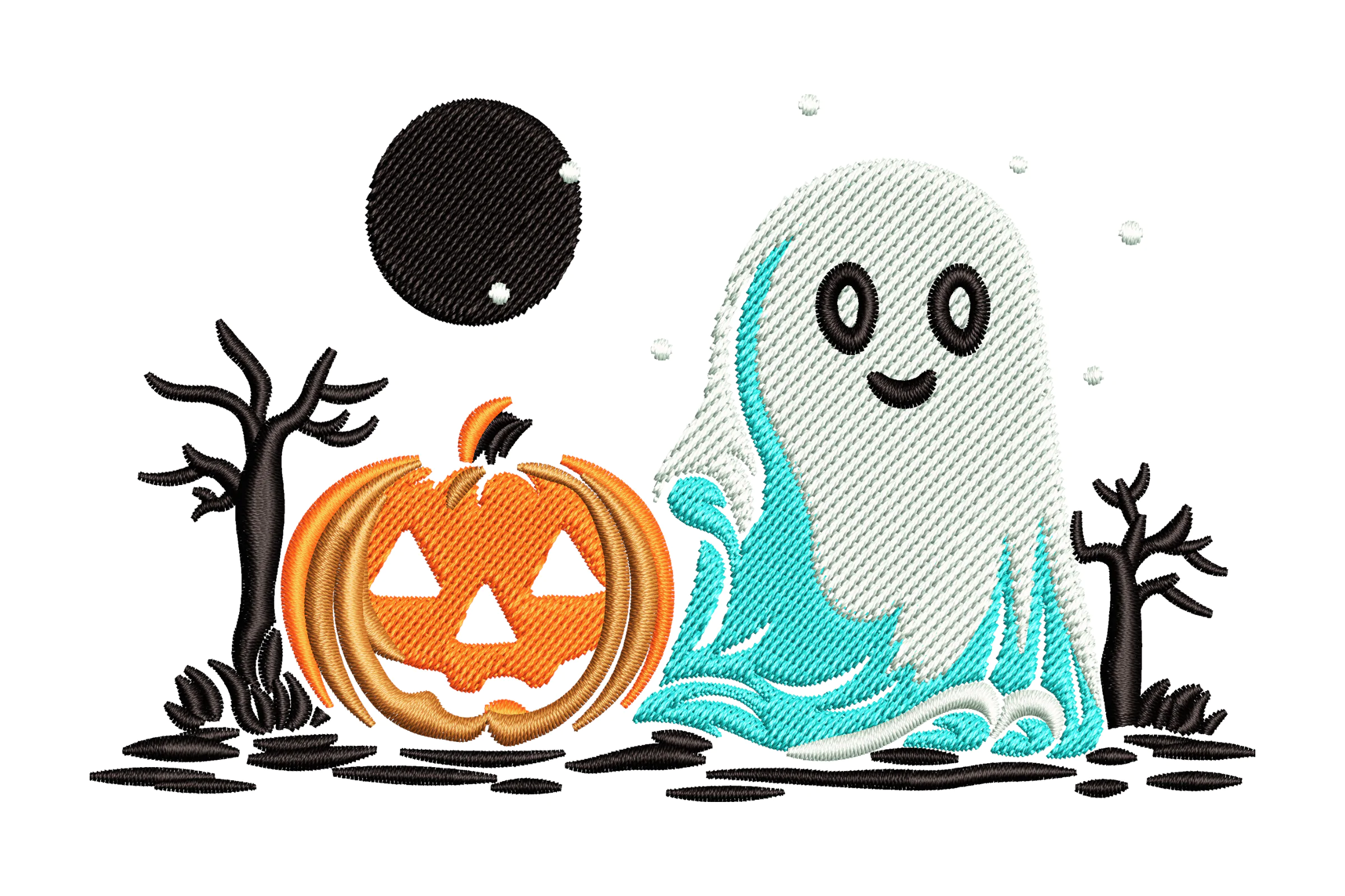 Spooky Ghost with Pumpkin and Haunted Scene Embroidery Design