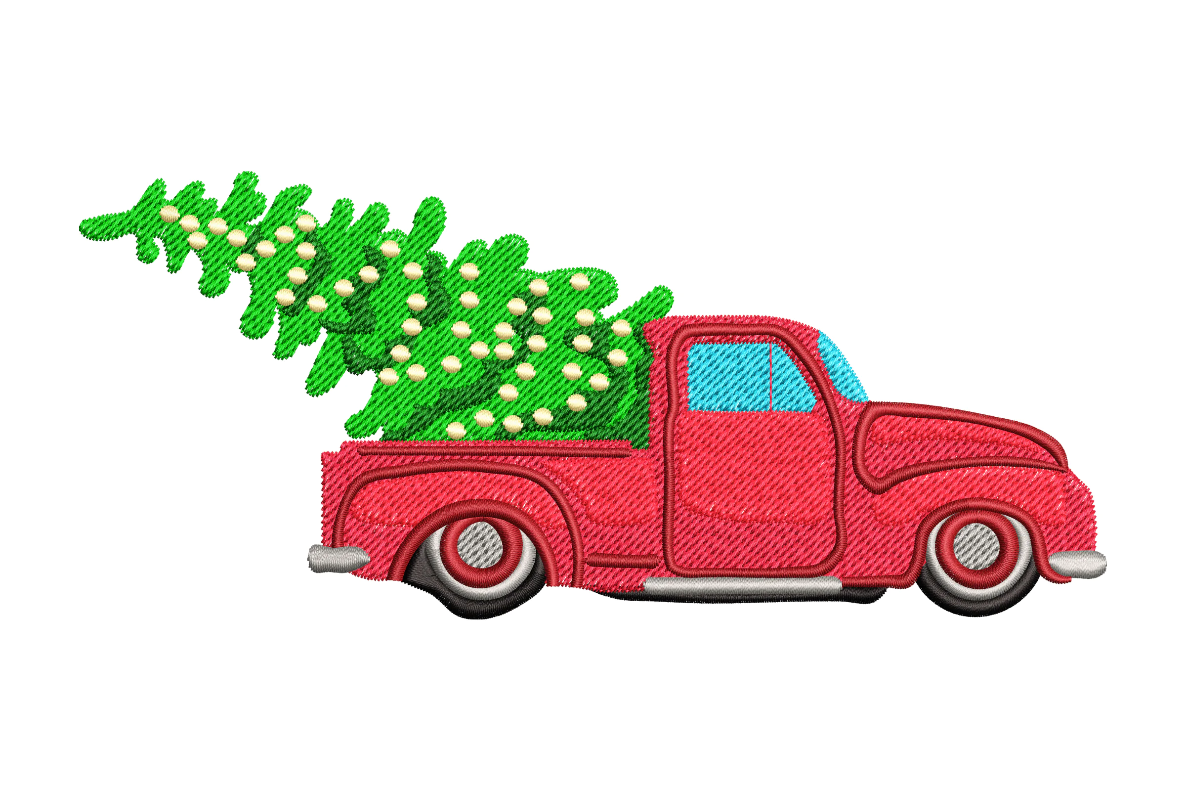 Red Christmas pickup truck with a tree Embroidery Design