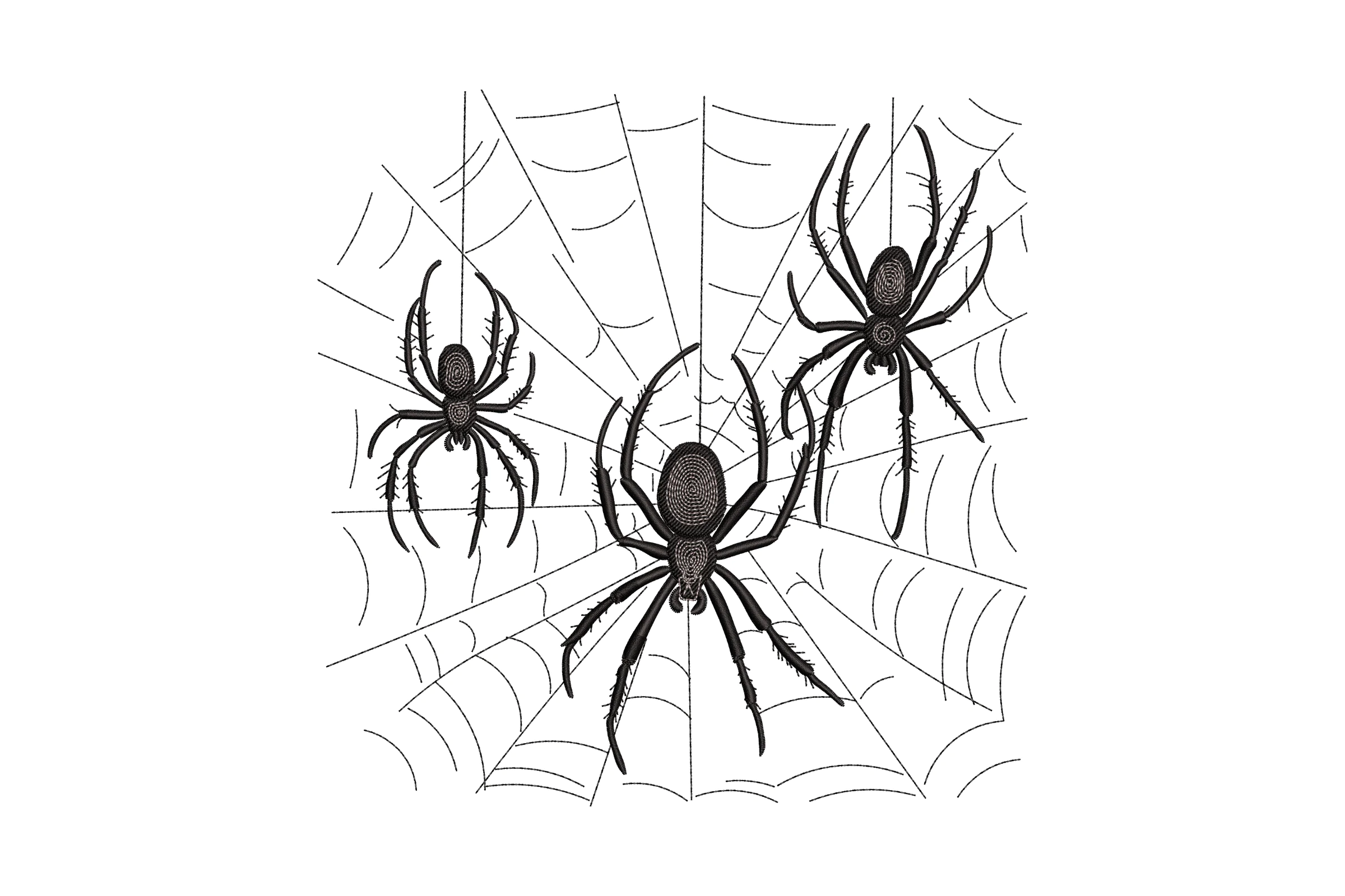 Detailed Black Spiders and Web Embroidery Design