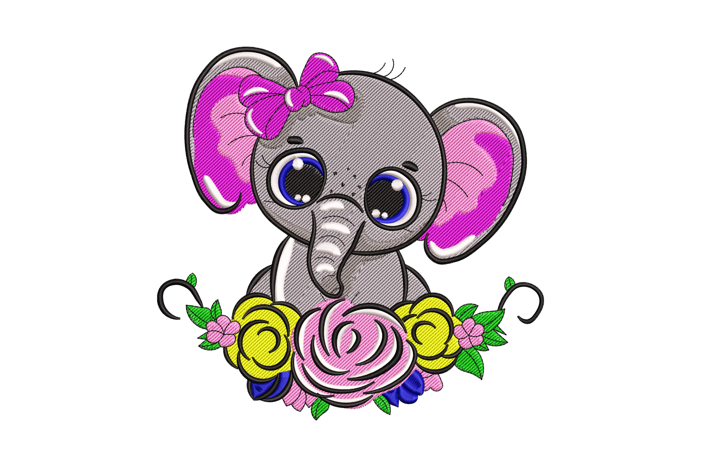 Cute Baby Elephant with Floral Wreath Embroidery Design