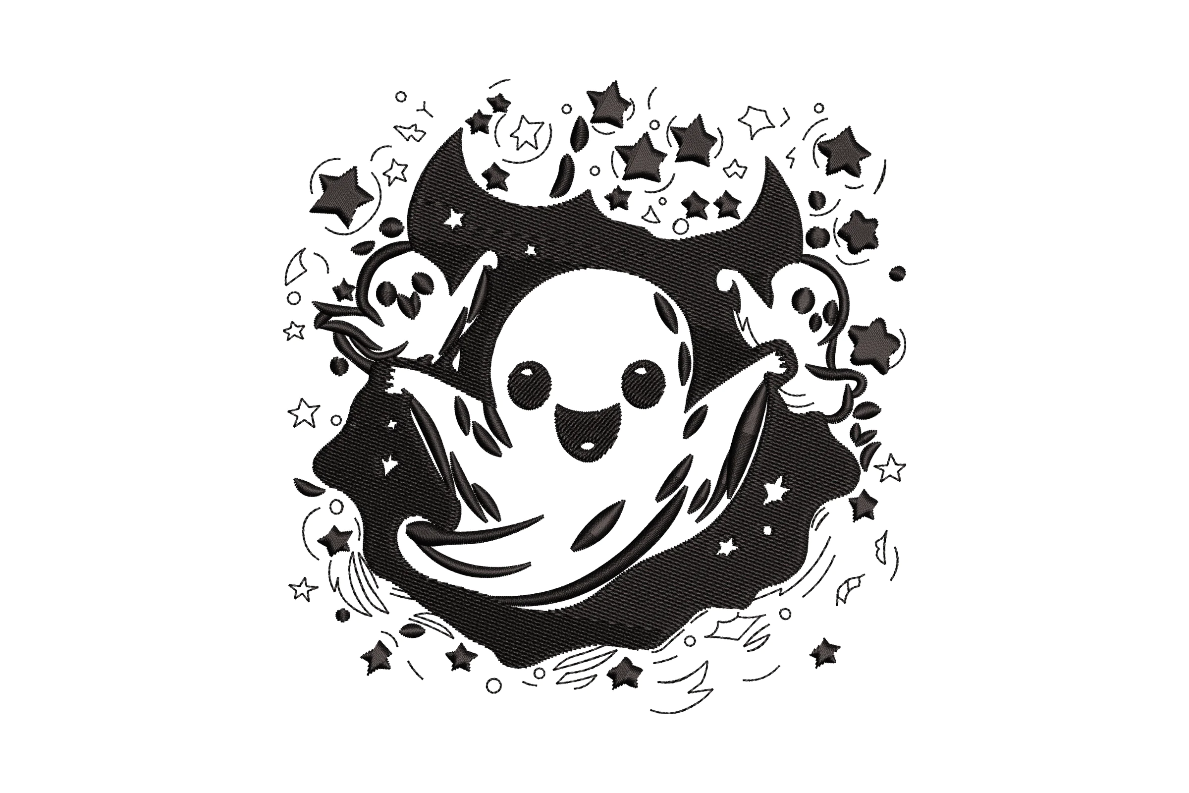 Whimsical Ghost Trio with Stars and Bats Embroidery Design