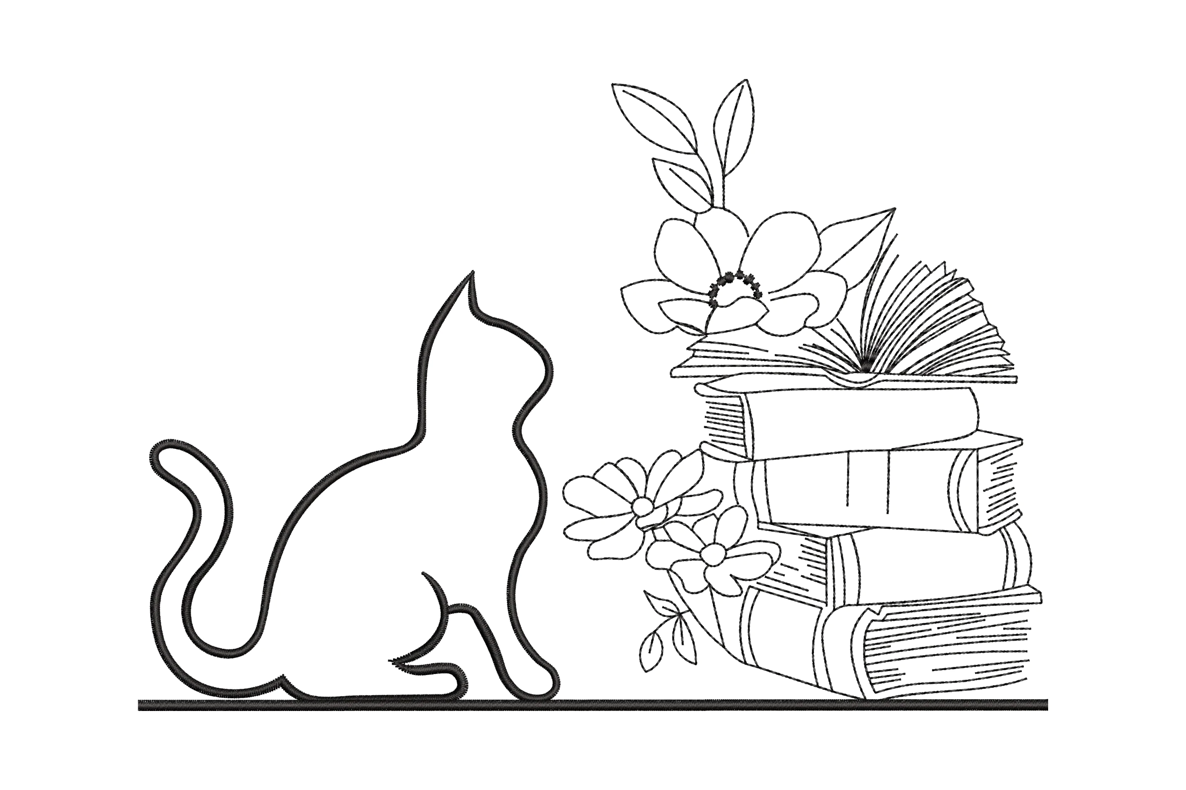 Book and Cat Lover Embroidery Design