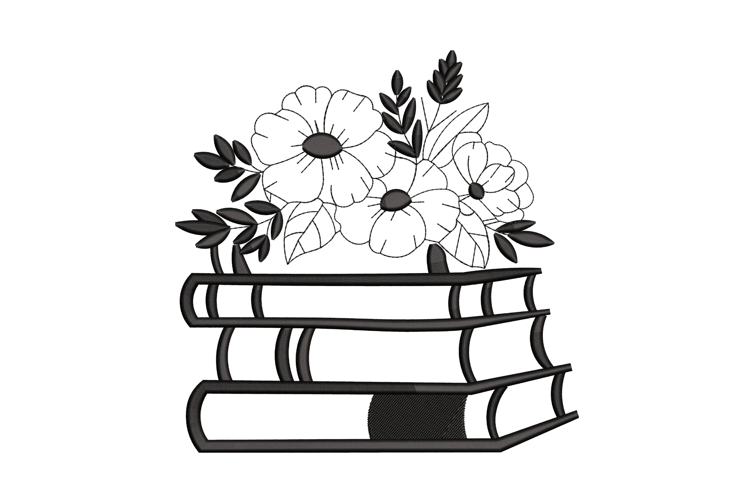 Floral Bookshelf Embroidery Design with Blooming Flowers