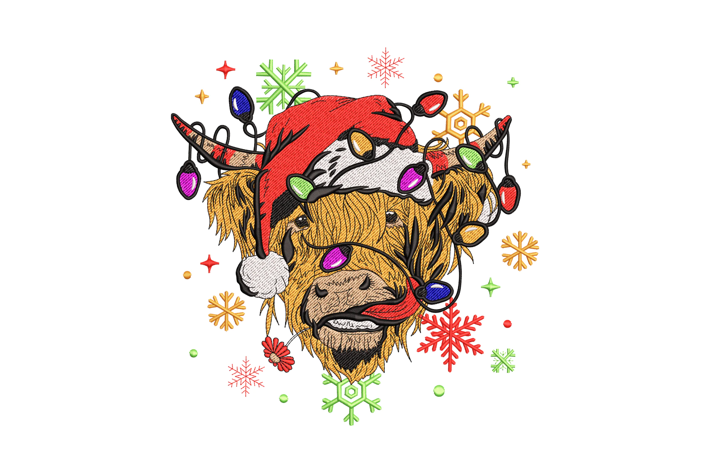 Christmas Highland Cow Embroidery Design with Lights
