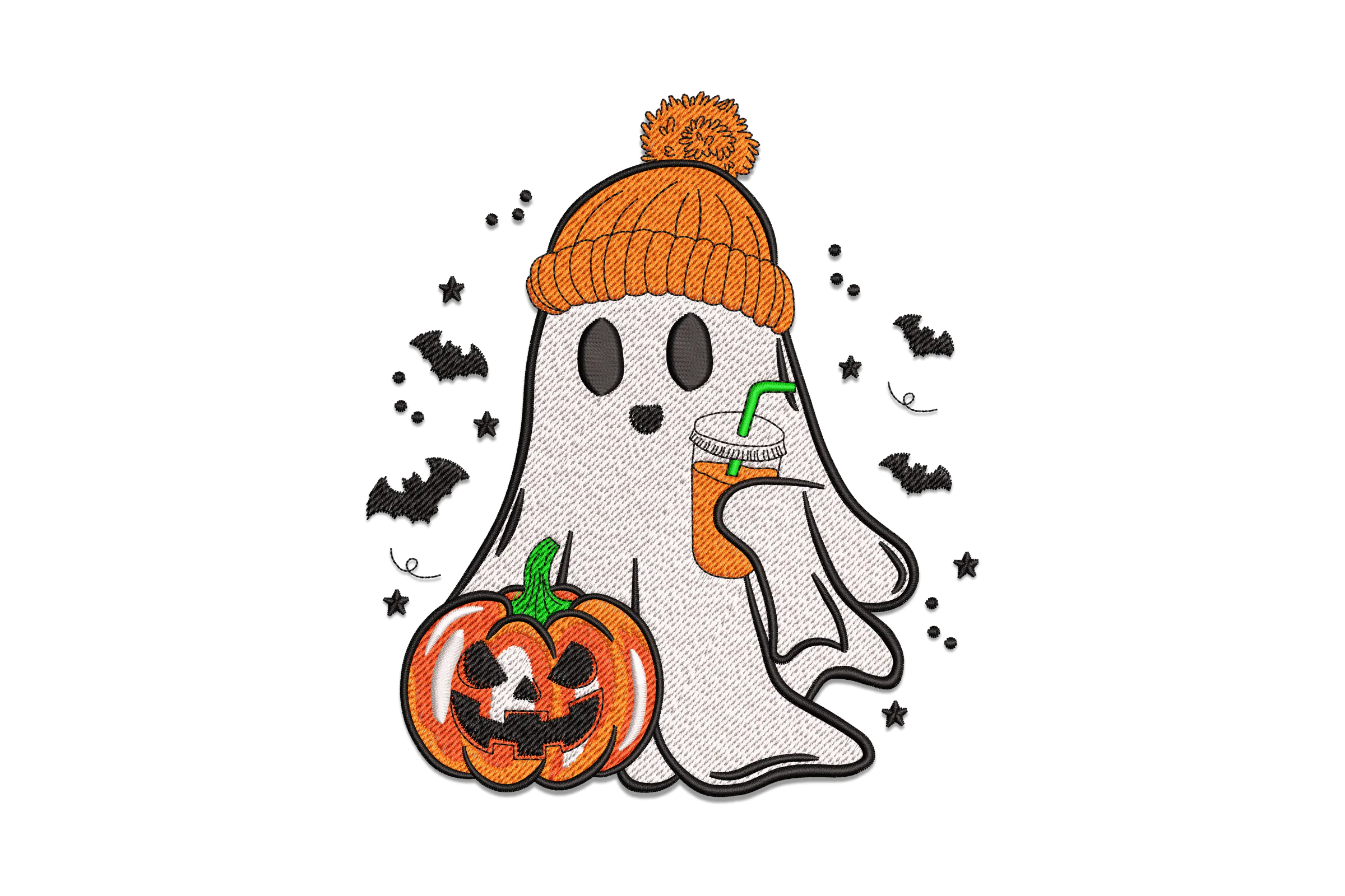 Ghost with Drink, Pumpkin and Halloween Embroidery Design