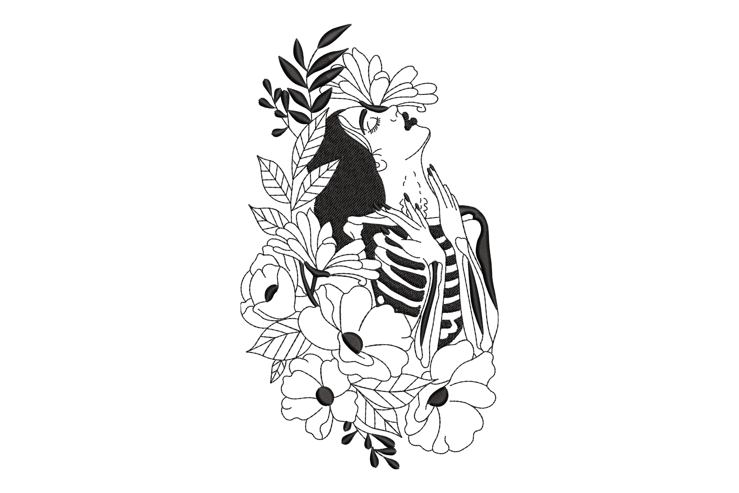 Floral Skeleton Woman Embroidery Design
