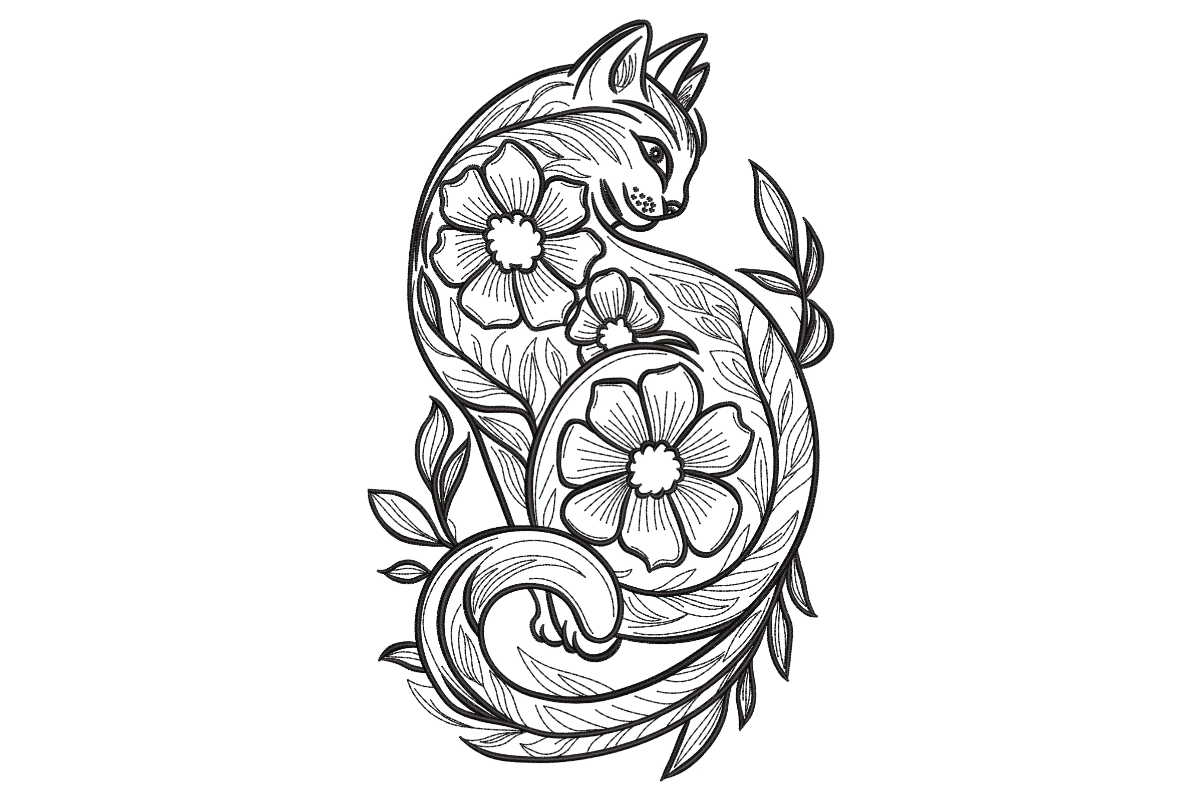 Stylish Floral Cat Embroidery Design