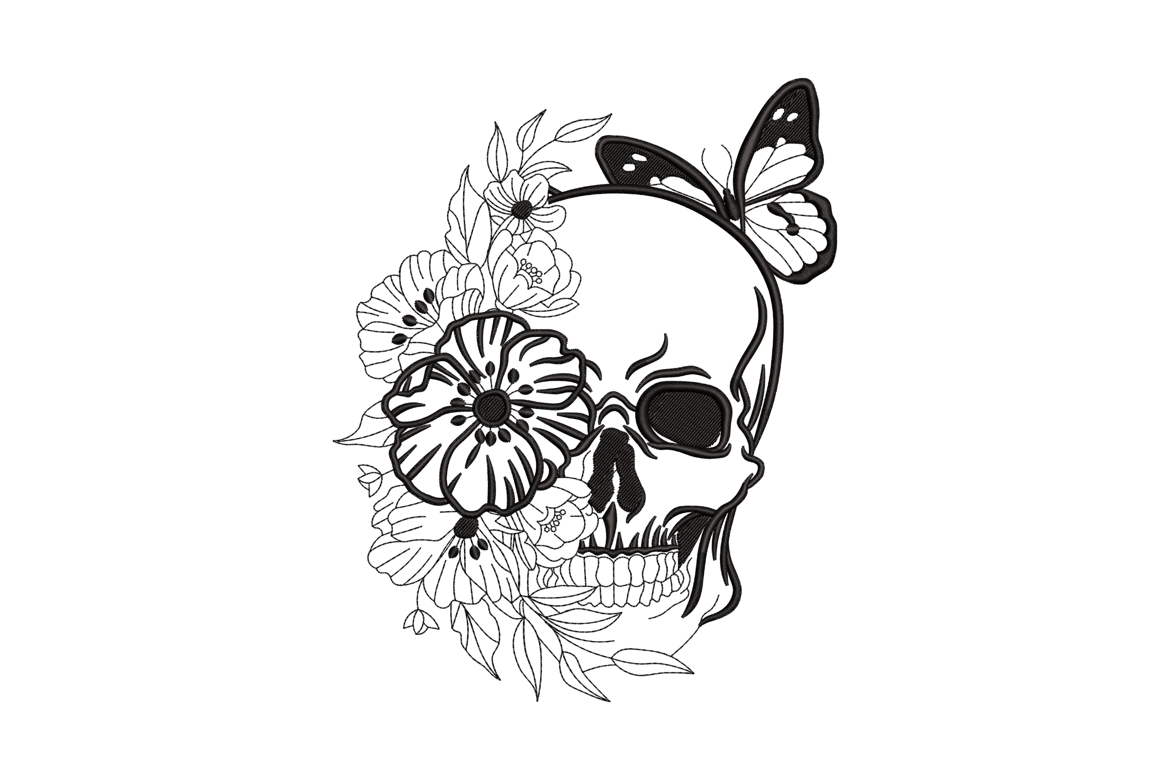 Floral Butterfly Skull Embroidery Design