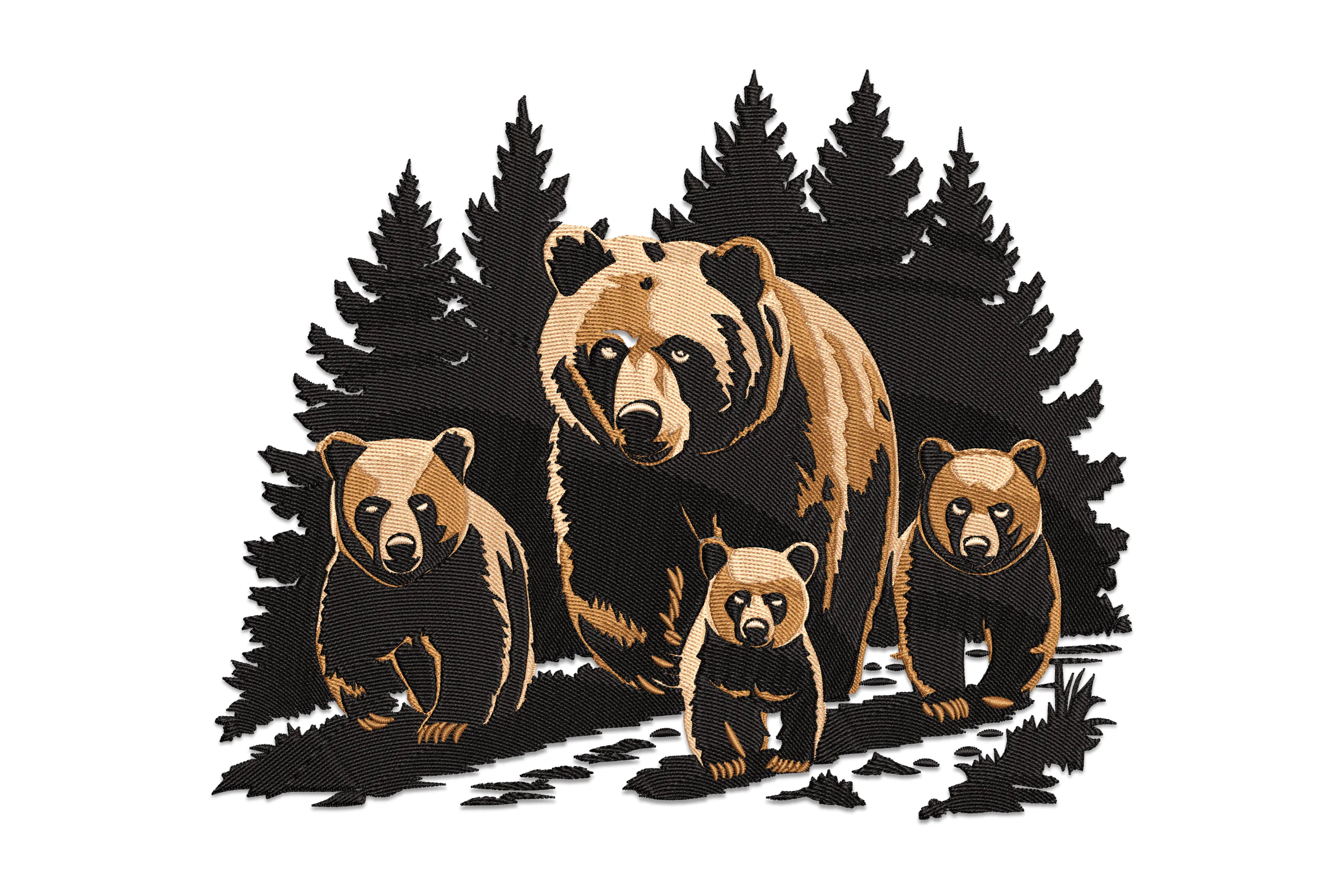 Grizzly Bears With Cubs In Forest Embroidery Design