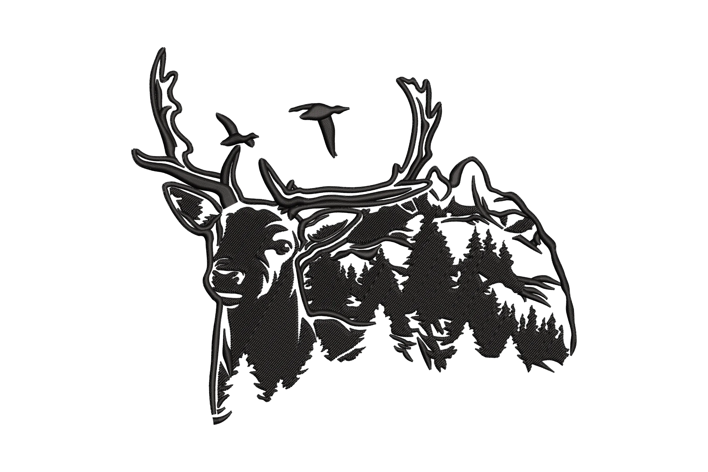 Mountain Deer and Forest Landscape Embroidery Design