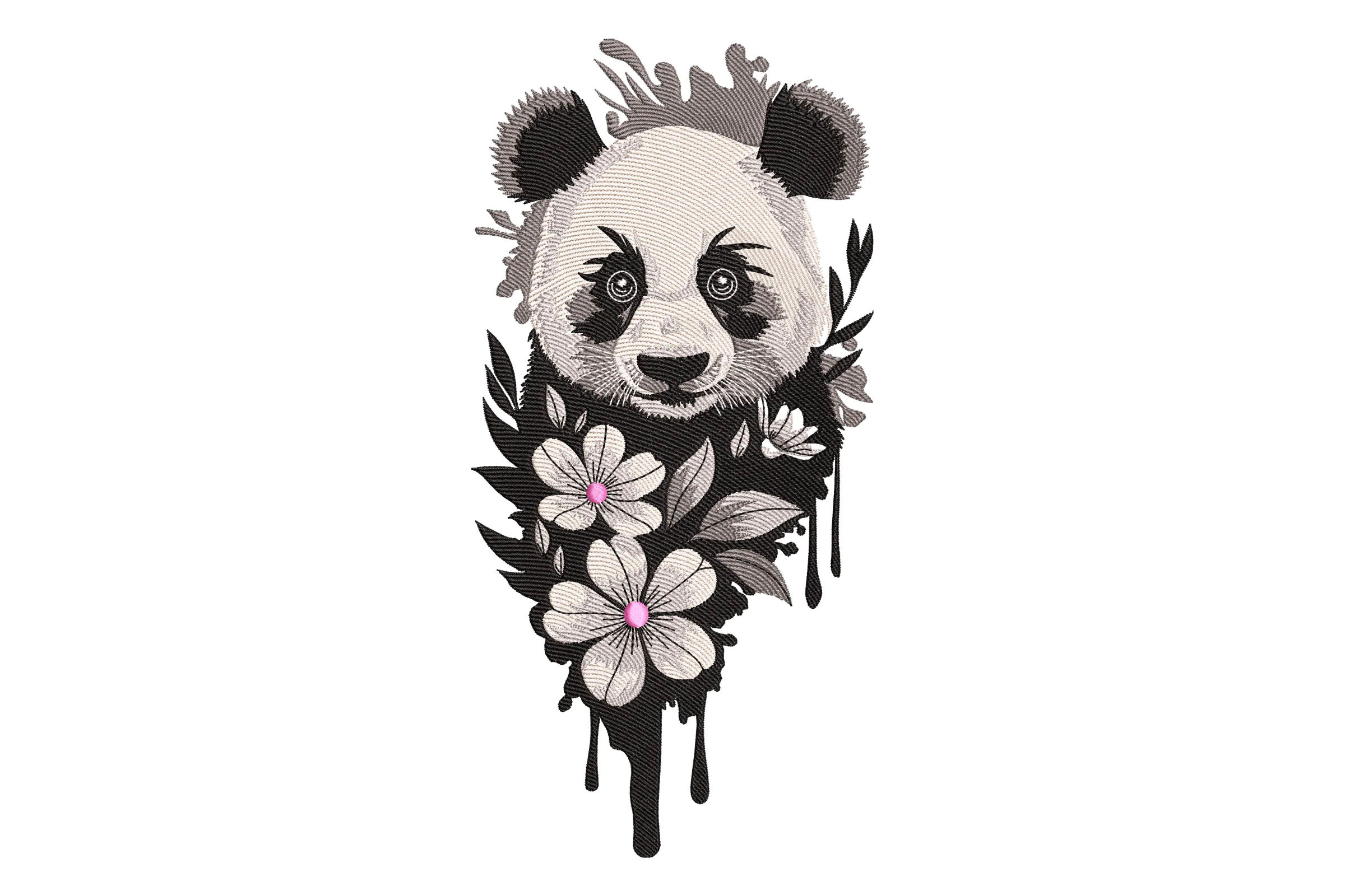 Panda with Flowers Dripping Embroidery Design