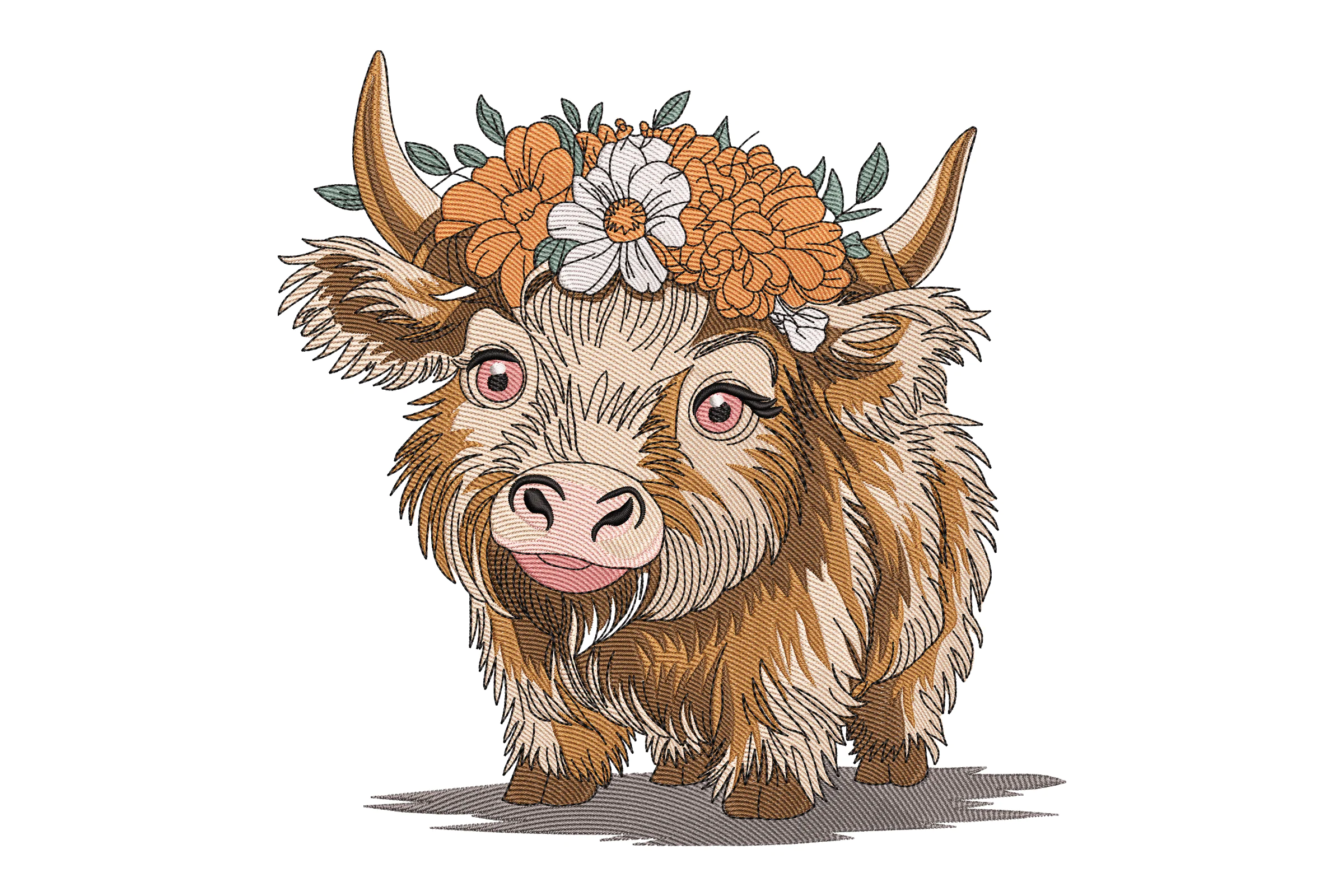 Floral Highland Cow Embroidery Design File