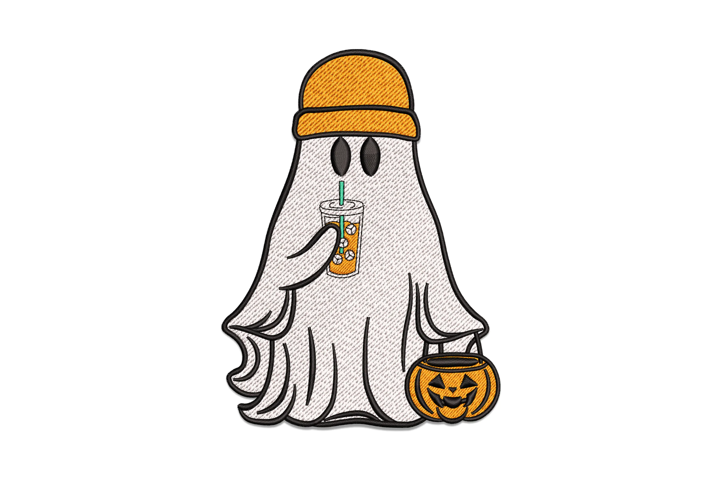 Ghost with Drink and Pumpkin Bucket Embroidery Design