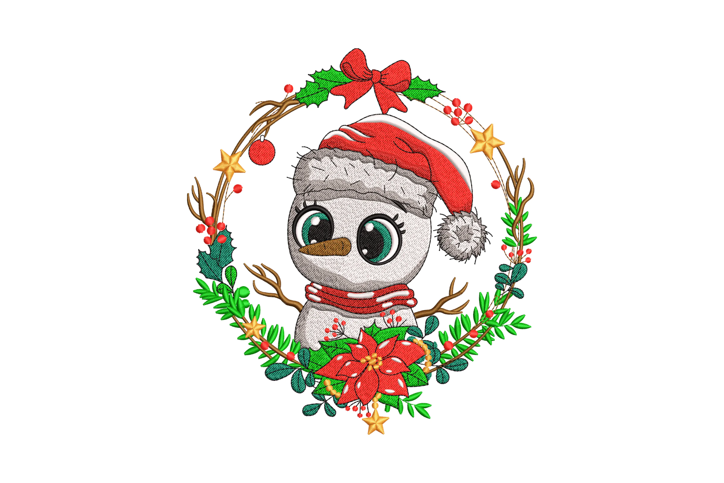 Christmas Snowman in Wreath Embroidery Design