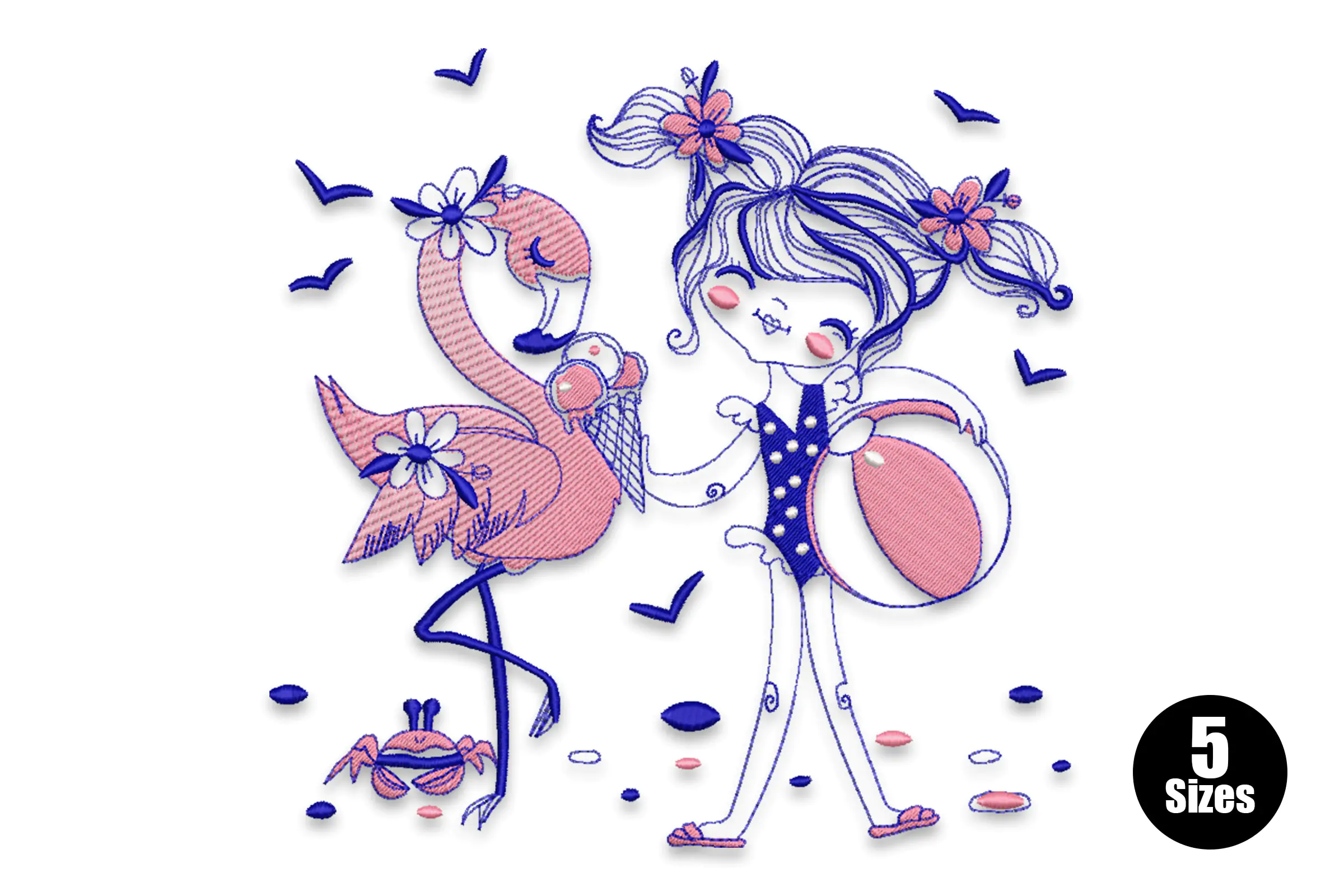 Cute Girl in a Swimsuit with a Flamingo Embroidery Design File