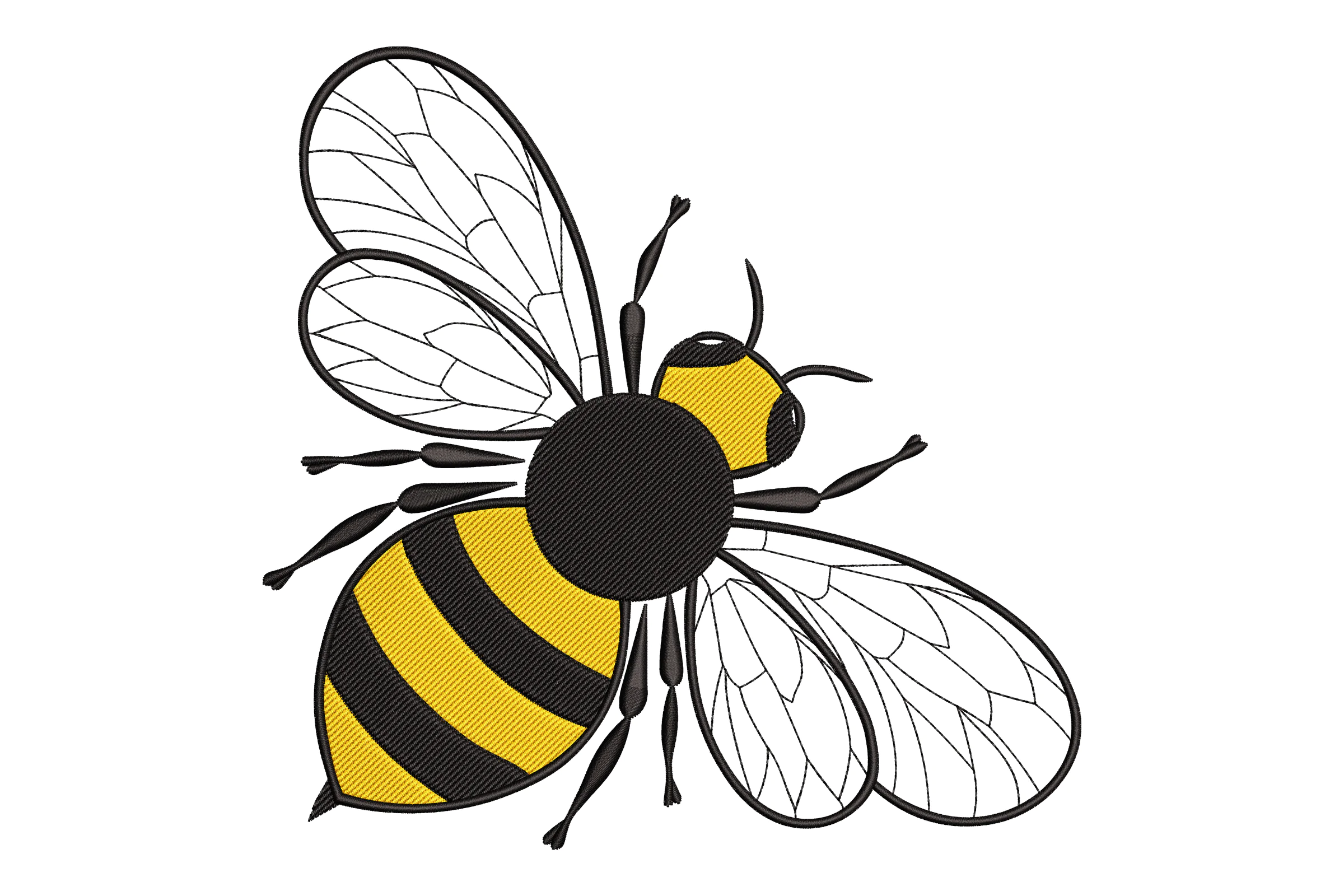 Detailed Black And Yellow Bee With Clear Wings Embroidery Design