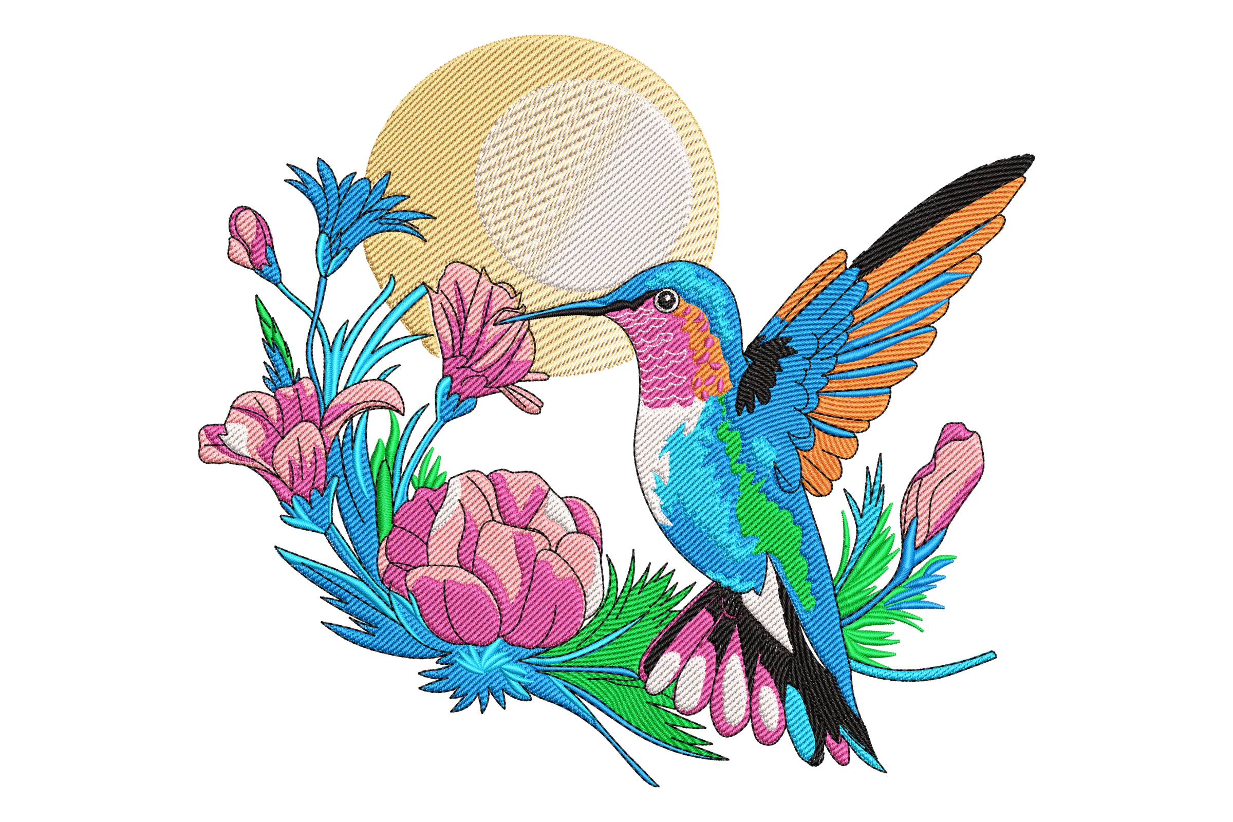 Colorful Hummingbird with Flowers Embroidery Design