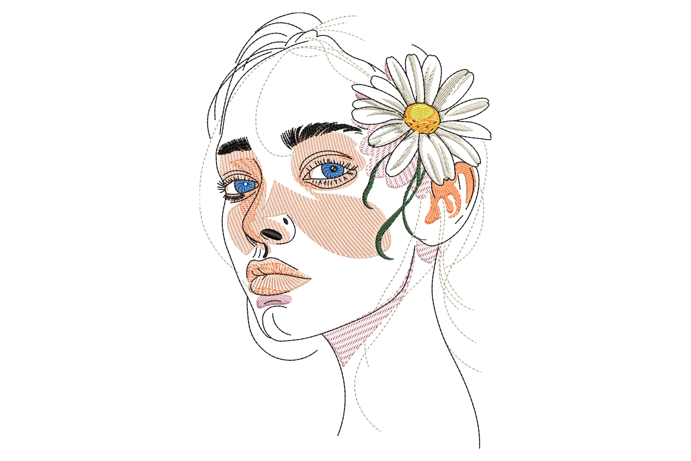 Women Face with Flower Embroidery Design