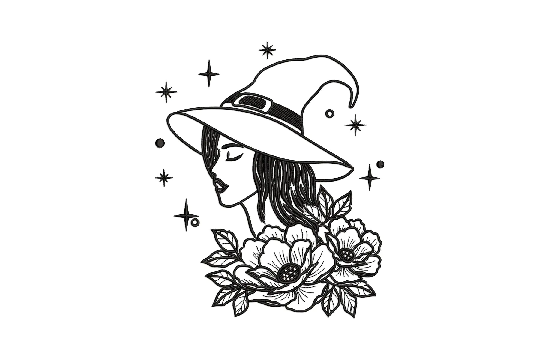 Free Floral Witch Embroidery Design, Halloween Embroidery Design, Witch Machine Embroidery File
